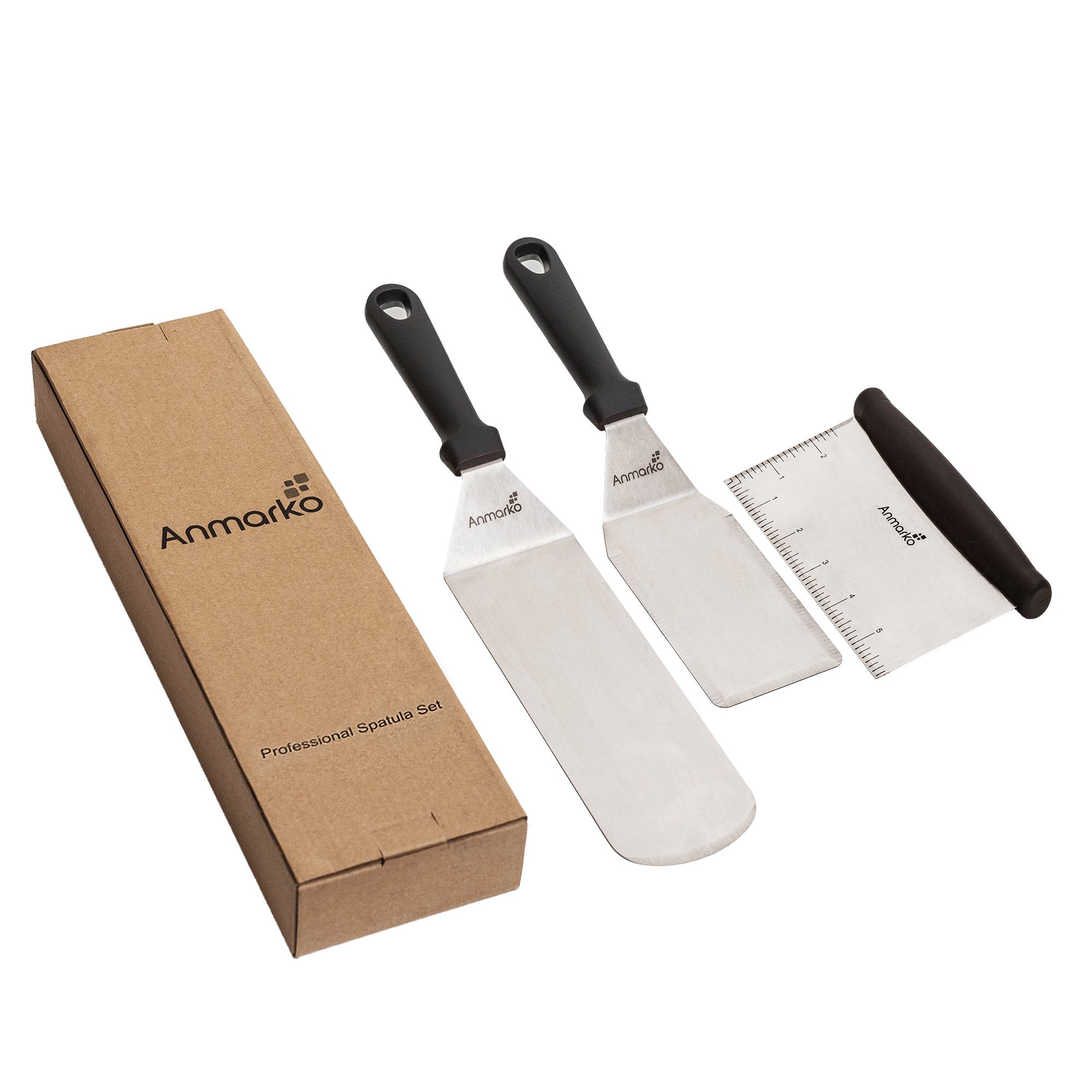 Metal Spatula Stainless Steel and Scraper - Professional chef griddle Spatulas Set of 3 - Heavy Duty Accessories great for cast Iron BBQ Flat Top grill Skillet Pan - commercial grade