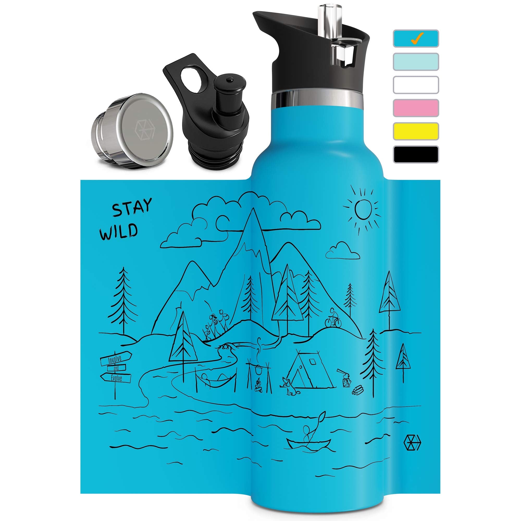 Involve & Evolve Insulated Water Bottle with 3 Lids (Straw Lid) Kids Reusable Double Walled Stainless Steel Flask Metal Thermos Stay Wild 12oz 17oz 20oz 25oz (17oz Blue)