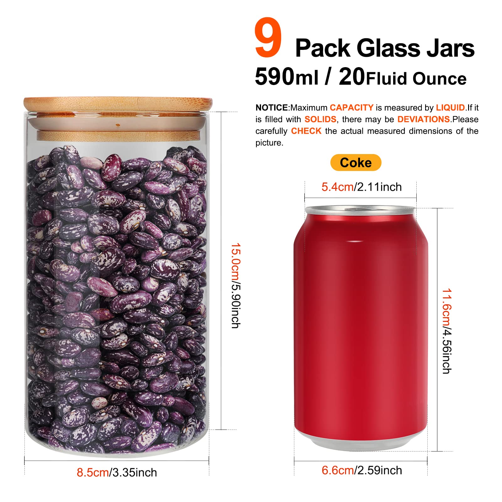 Glass Food Storage Containers Jars With Airtight Bamboo Lid 20Oz 9Pcs, 590Ml Pantry Organization Jar, Glass Terrarium With Lid,