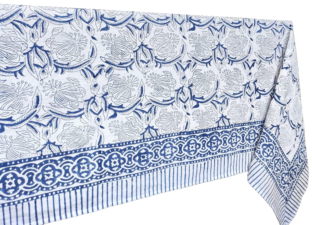 ATOSII Santorini 100% Cotton Fall Tablecloth, Handblock Print Blue Square Table Cloth for Kitchen I Dining Table Linen I Parties