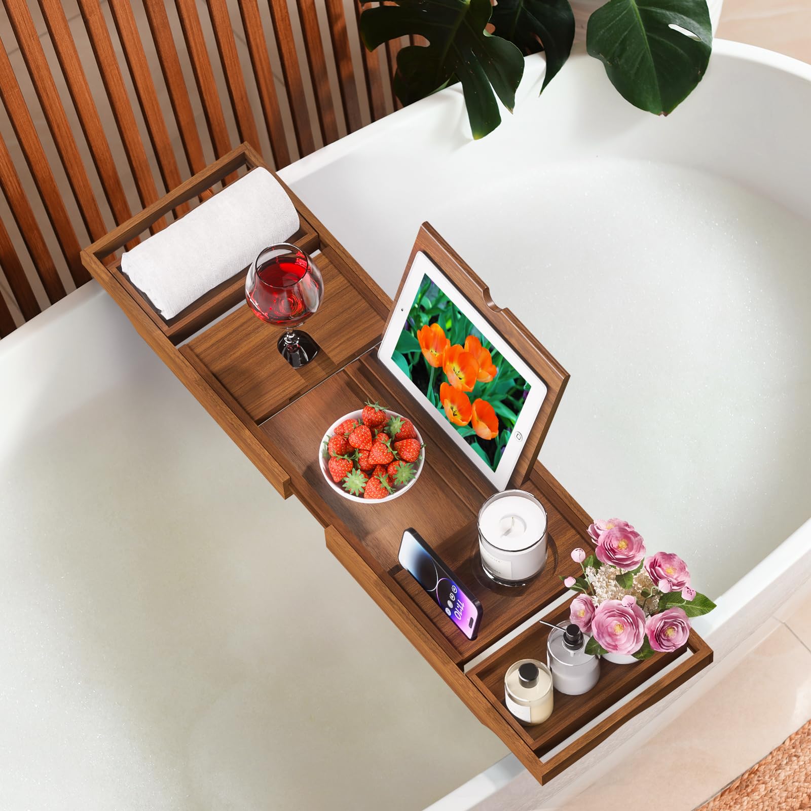 Kiasthome Teak Bathtub Tray, Bath Tray For Tub Bathroom Table Tray Expandable Wood Tub Tray For Bathtub, As Unique Housewarming,