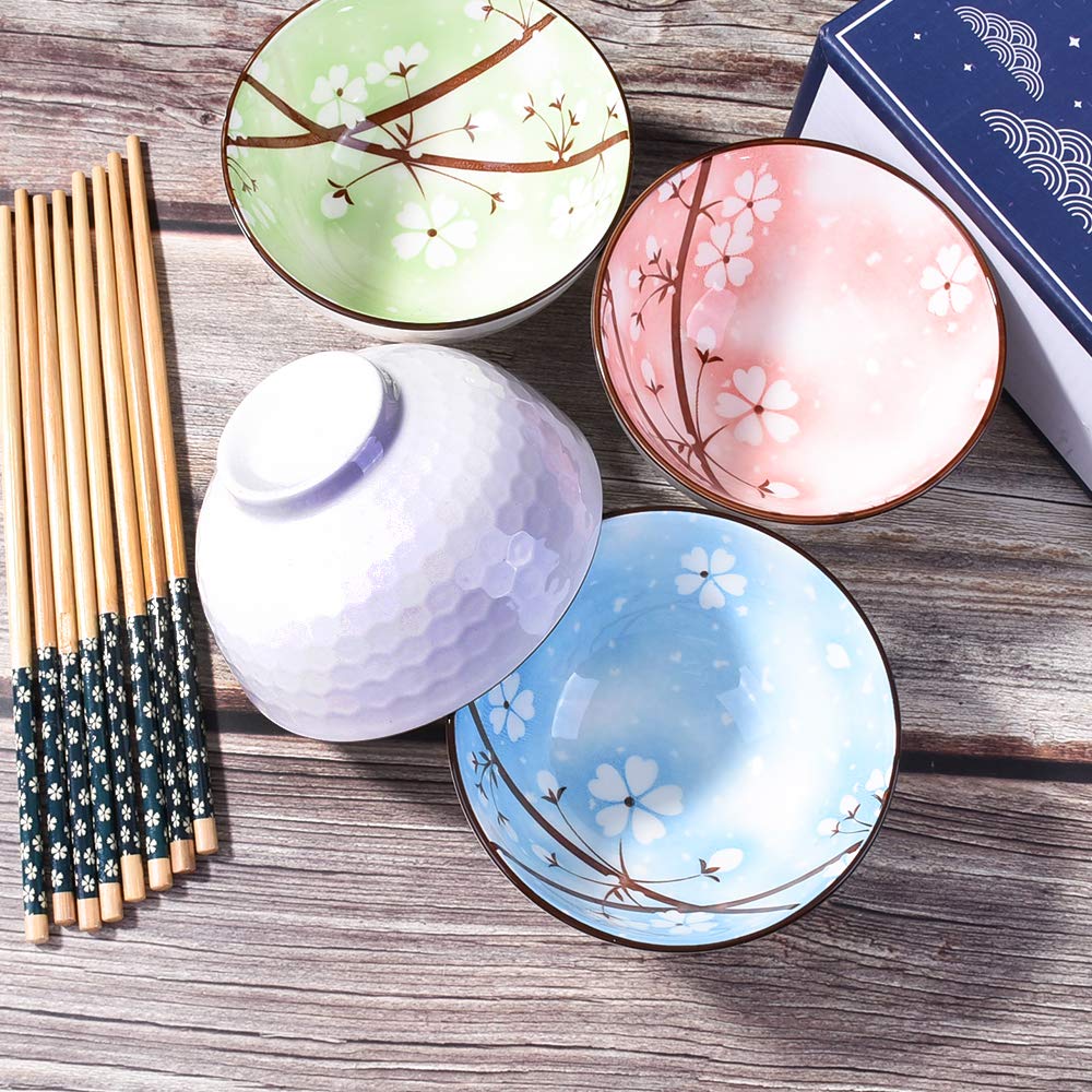 Japanese Style Ceramic Rice Bowl And Chopstick Set Of 4, Assorted Designs And Color With Phum Flowers Underglazed Dinnerware Ide