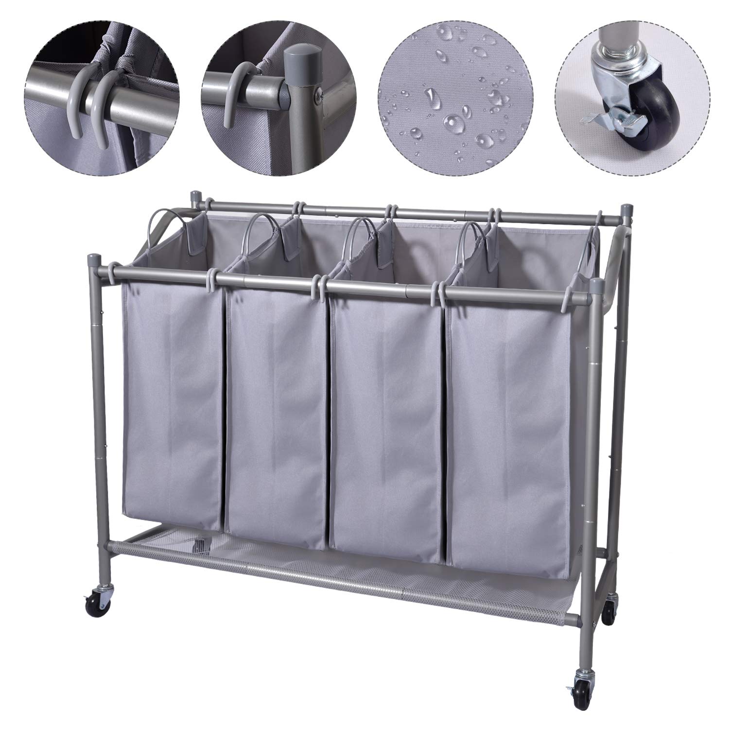 Laundry Sorter Cart 4-Bag Classics Rolling Laundry Hamper  Sturdy Frame with 60KG Weight Capacity  Gray