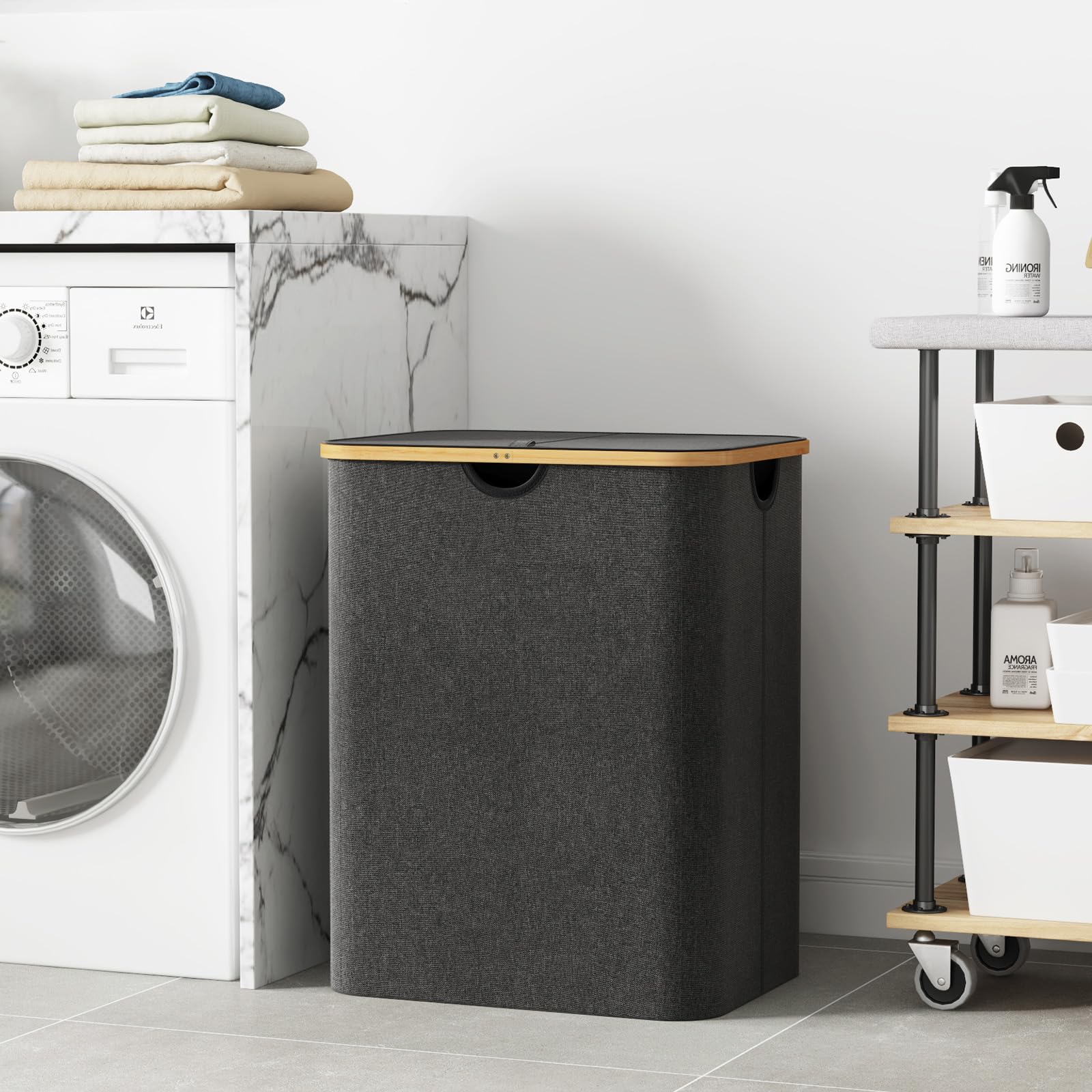 Lifewit 120L Laundry Basket With Lid, Clothes Hampers For Laundry With Bamboo Handles And A Removable Laundry Bag, Large Foldabl