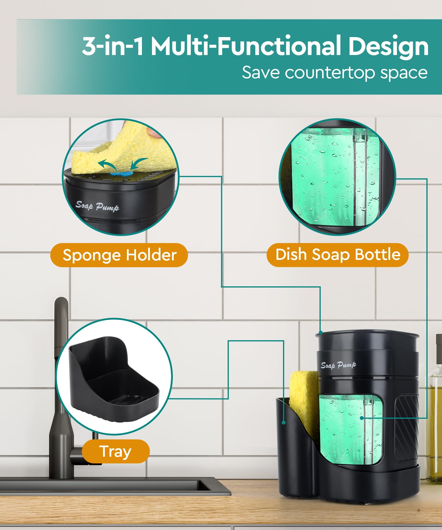 Dish Soap Dispenser With Sponge Holder, Soap Dispenser For Kitchen Sink(Includes One Sponge), 3-In-1 Kitchen Soap Dispenser Set