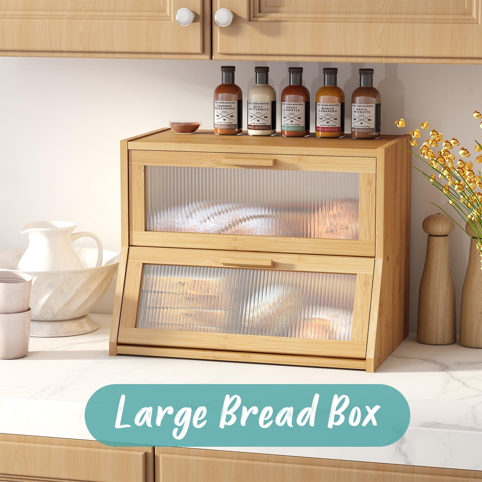 Vriccc Bread Box For Kitchen Counter, Large Bamboo Wooden Double Layer Large Capacity Bread Storage Bin With Acrylic Wavy Door P