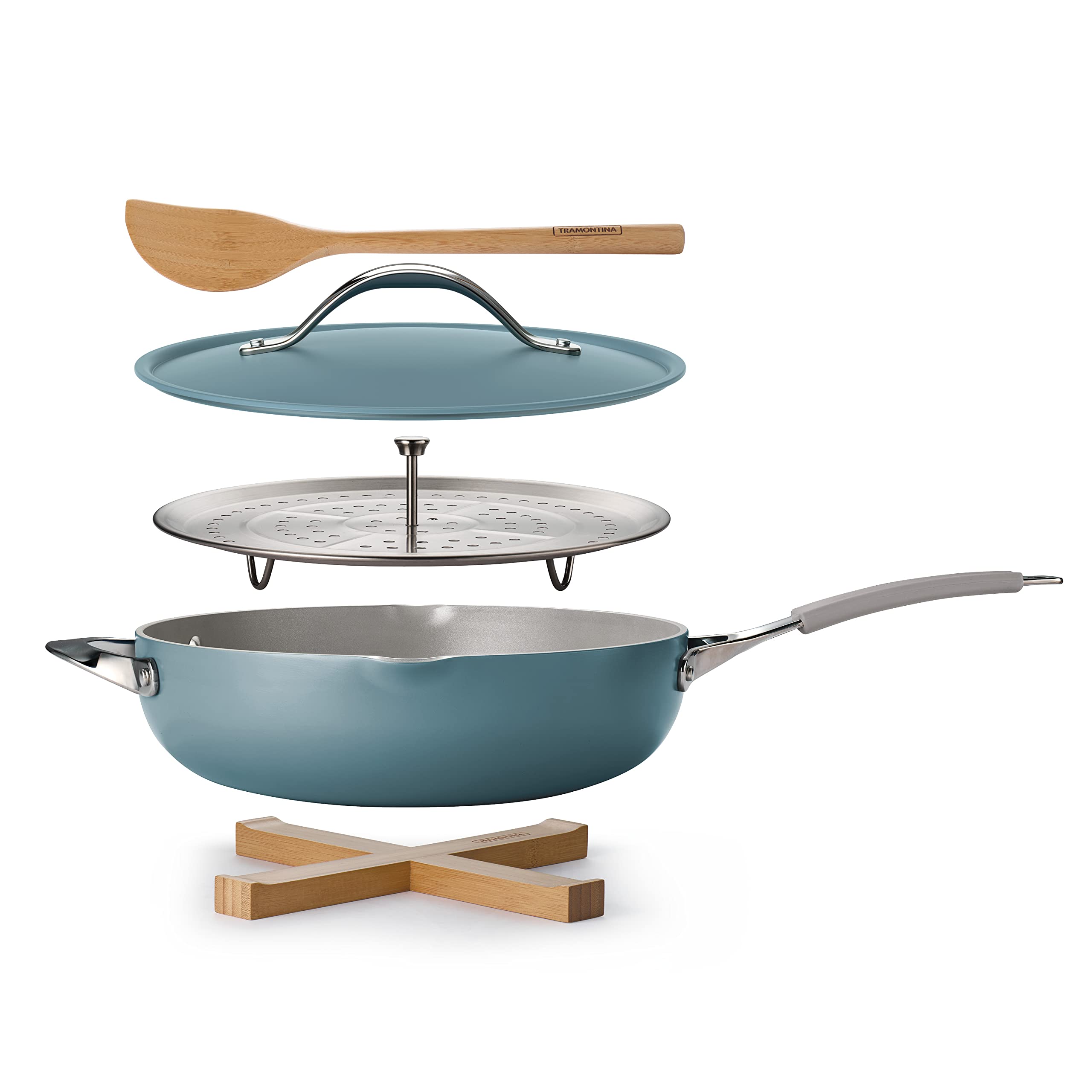 Tramontina All-In-One Plus Pan Set, 5-Quart Ceramic Non Stick Cooking Pan With Lid, Steamer Insert, Bamboo Utensil And Trivet, B