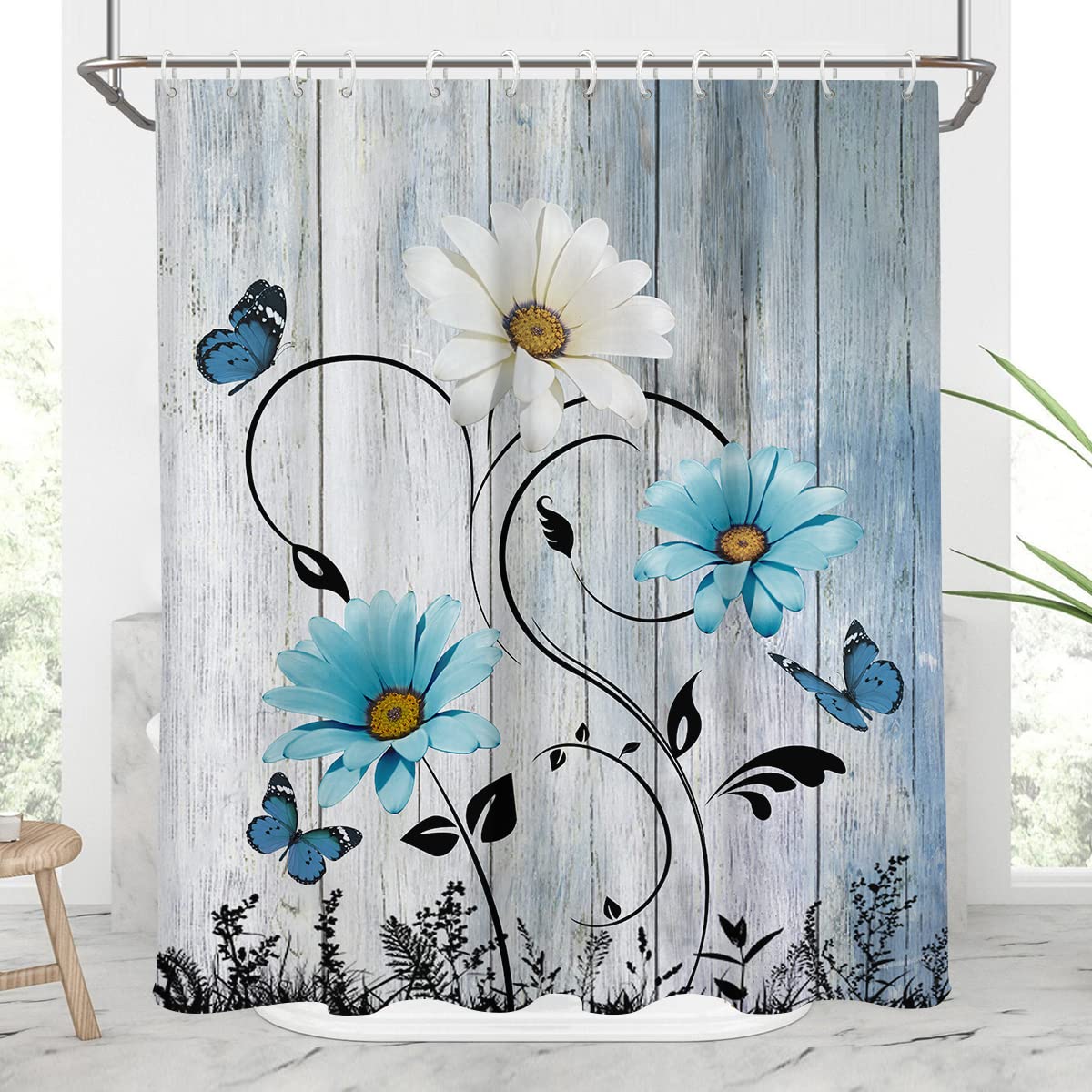 Aatter Blue Floral Flower Shower Curtain Rustic Boho Grey White Yellow Daisy Nature Black Botanical Teal Turquoise Unique Fabric