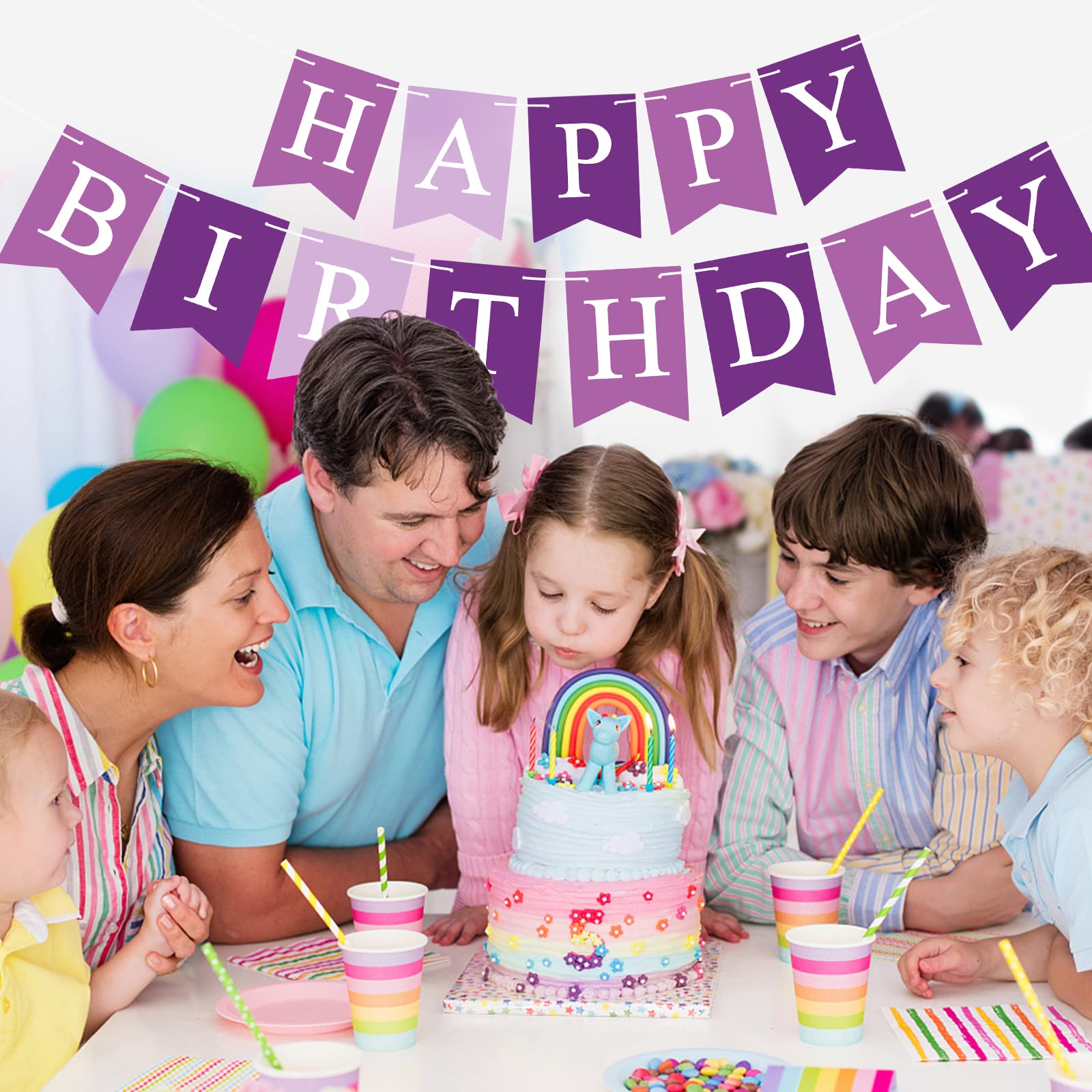 Waenerec Purple Happy Birthday Banner Sign Happy Birthday Bunting Banner Garland For Kids Girl Woman Birthday Tea Party Decorati