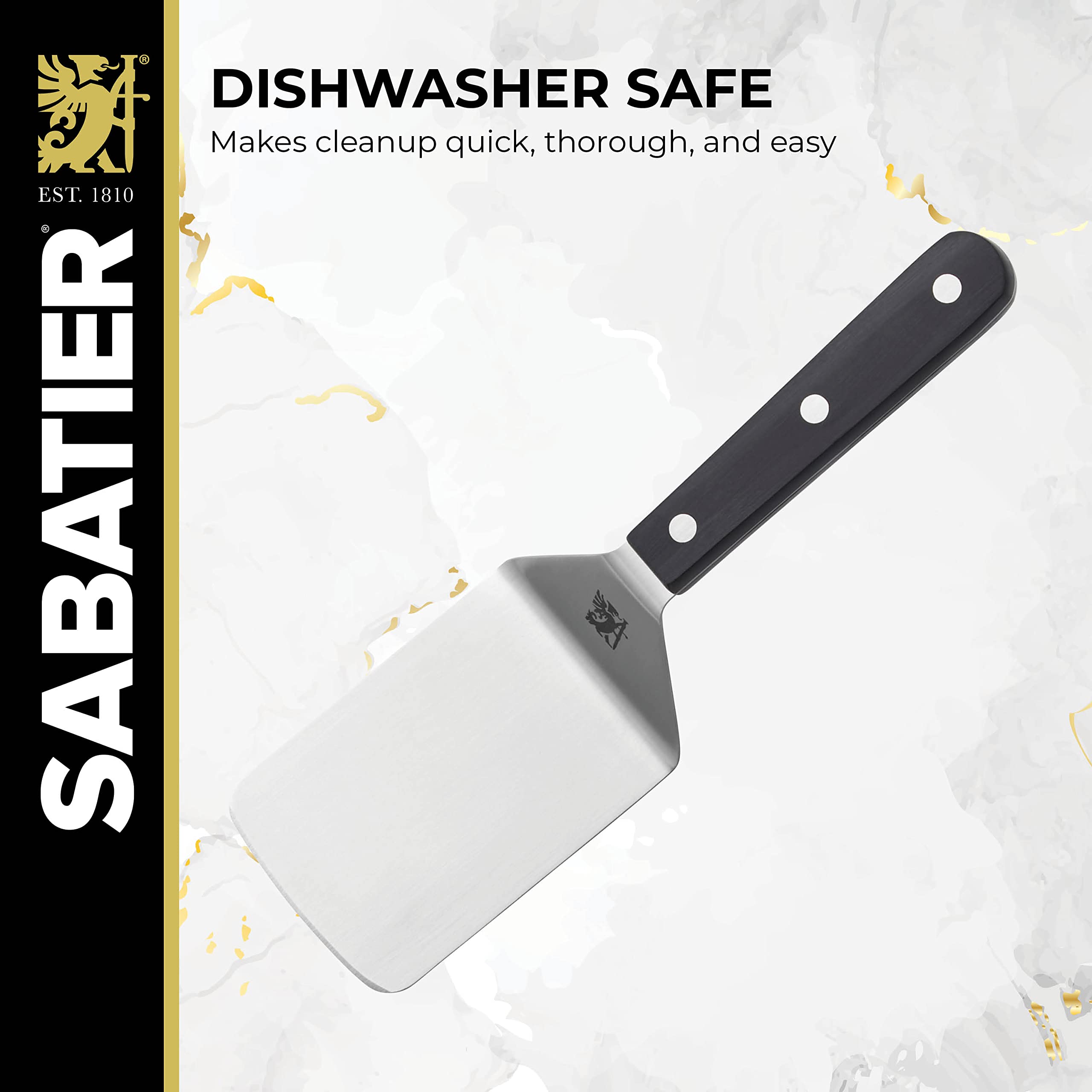 Sabatier Triple Rivet Wide Turner, 9.625" Stainless Steel Spatula, Black, Professional Grade for Cast Iron, Griddle & Grill Cooking