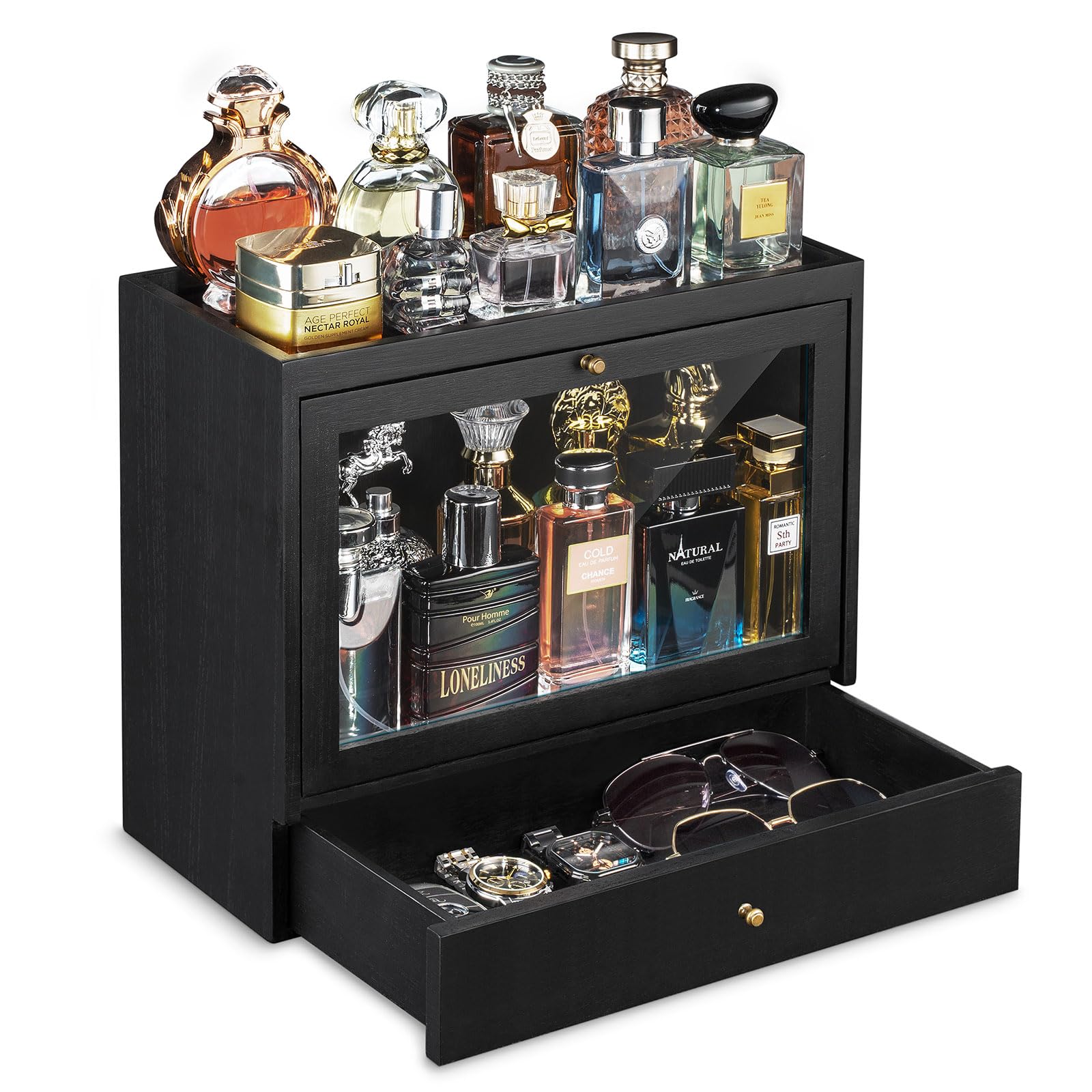 Emfogo Cologne Organizer for Men, Solid Wood Perfumes Organizer for Men Dresser, Large Capacity Dustproof Cologne Holder with Dr