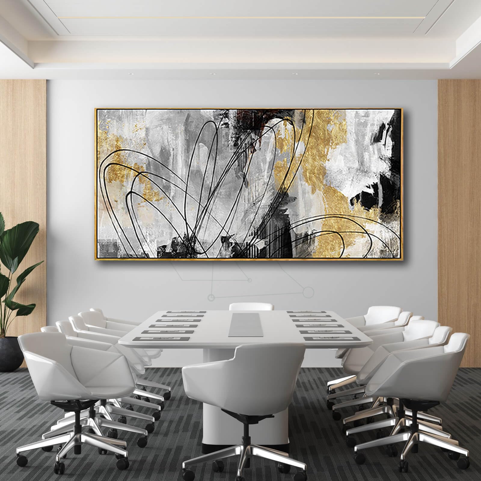 Large Canvas Wall Art Gold Abstract Paintings 29X58 Inch Wooden Framed Artwork Black Line Painting For Bedroom Bathroom Home Dec
