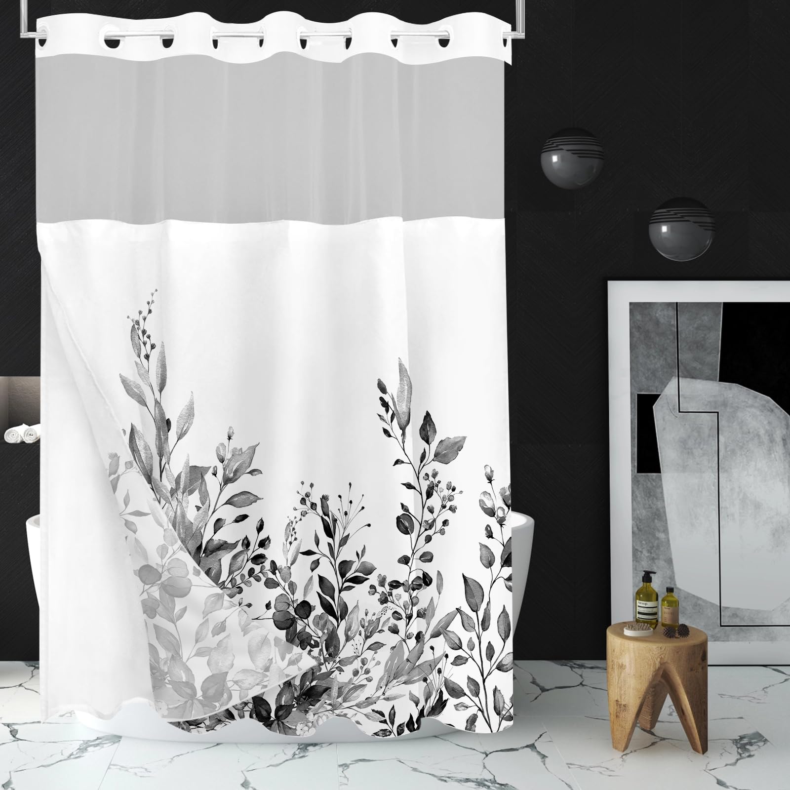 Tititex No Hooks Snap In Liner Black Eucalyptus Leaves Shower Curtain Sets, Hotel Luxury Double Layers Waterproof Fabric & See-T