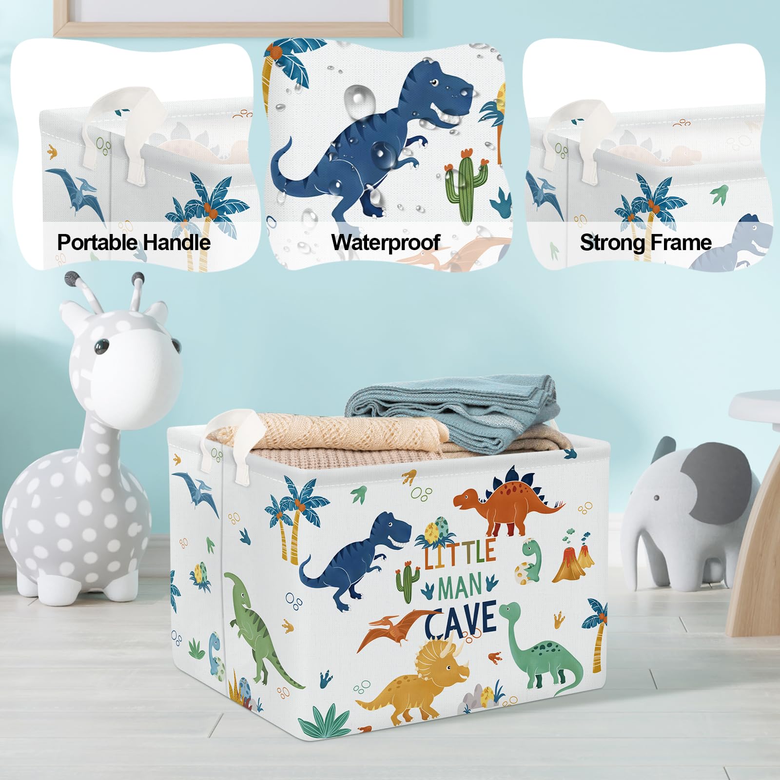 Clastyle 36L Large Boho Dinosaur Pterosaur Shelf Basket With Handle Collapsible Rectangle Dino Palm Tree Toy Clothes Storage Bas