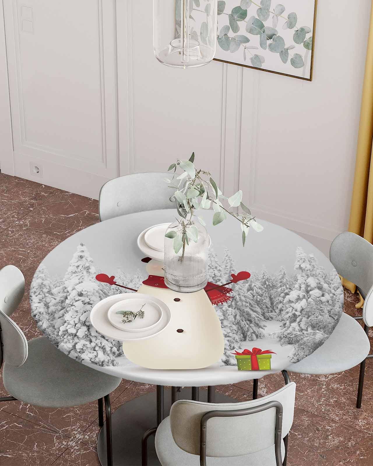 Christmas Snowman Round Fitted Table Cover For Dining Tables,Elastic Edged Tablecloth Winter Snowy Pine Forest Waterproof Oil Pr