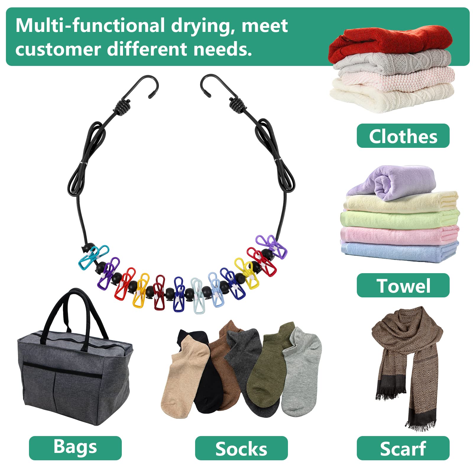 Retractable Travel Clothesline  Portable Clothesline (Including 2 Compressible Towels) 12 clothespins  Suitable for Indoor and Outdoor  Balcony  Outdoor Camping use Multicolor