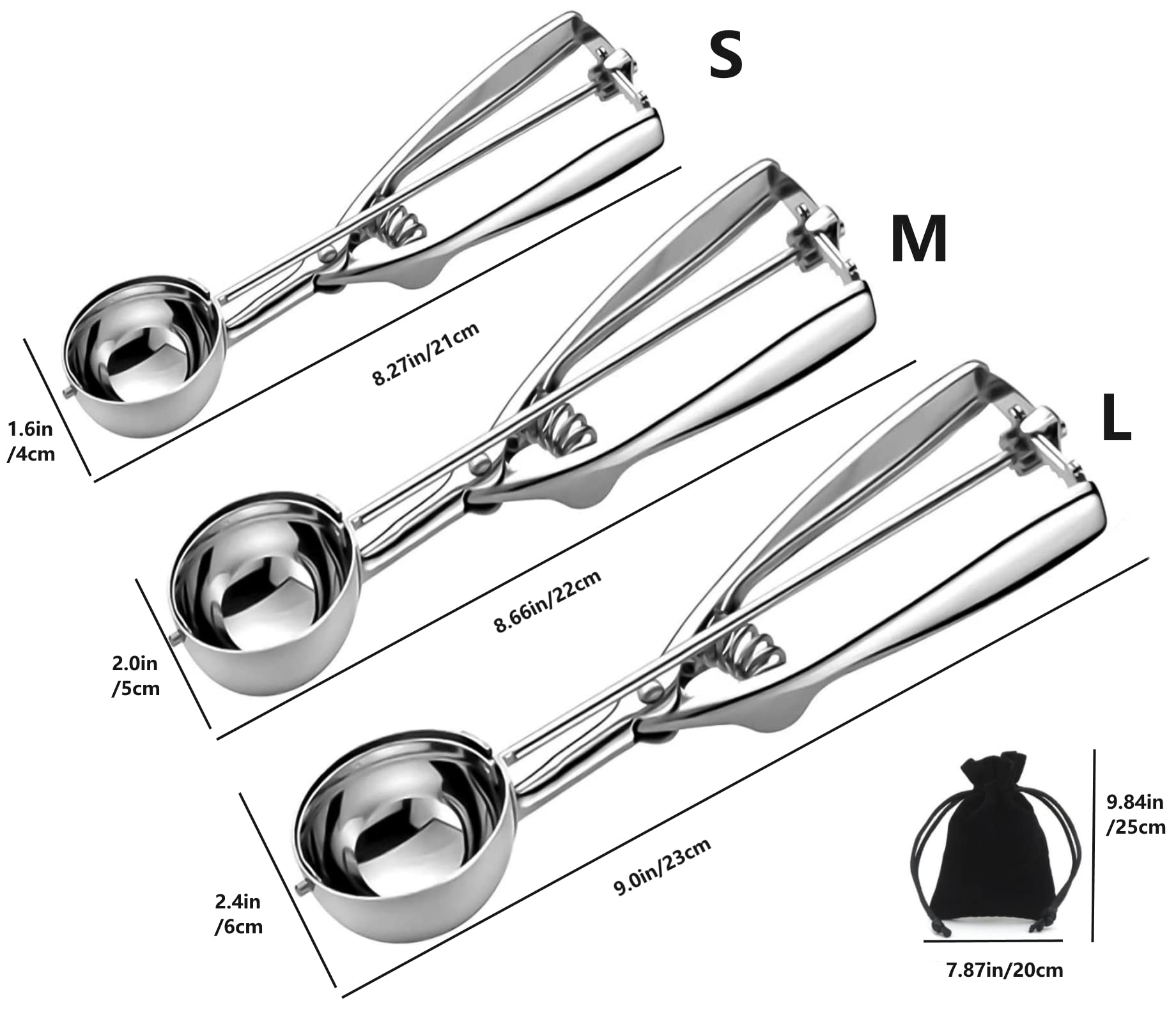 Ice Cream Scoop, 3Pcs Cookie Scoop Set, Stainless Steel Cookie Scoops For Baking Set Of 3, Cookie Scooper For Baking, Ice Cream