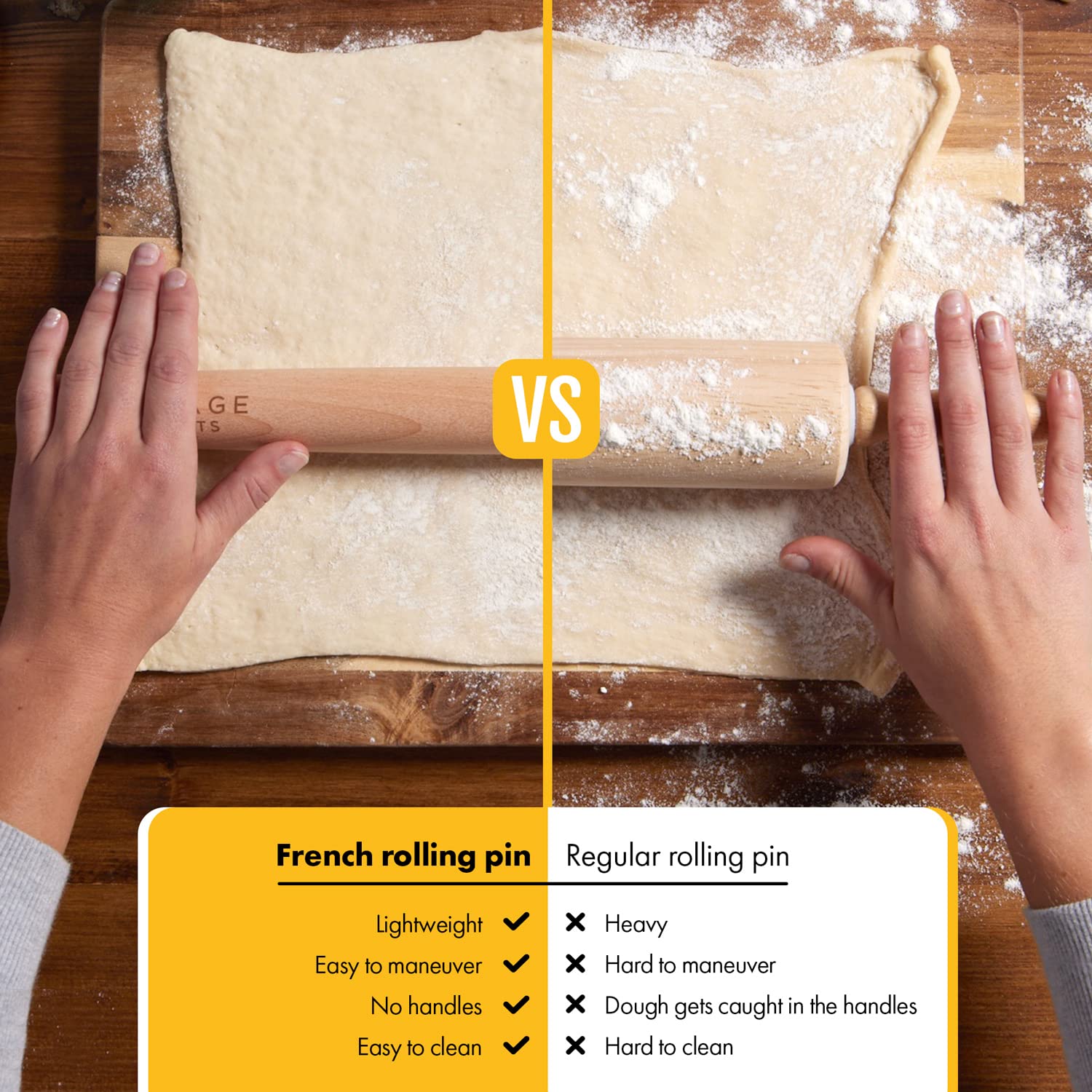 Heritage Products French Rolling Pin - Tapered Wooden Rolling Pins For Baking - Dough Roller For Fondant, Ravioli, Pastry, Pie,