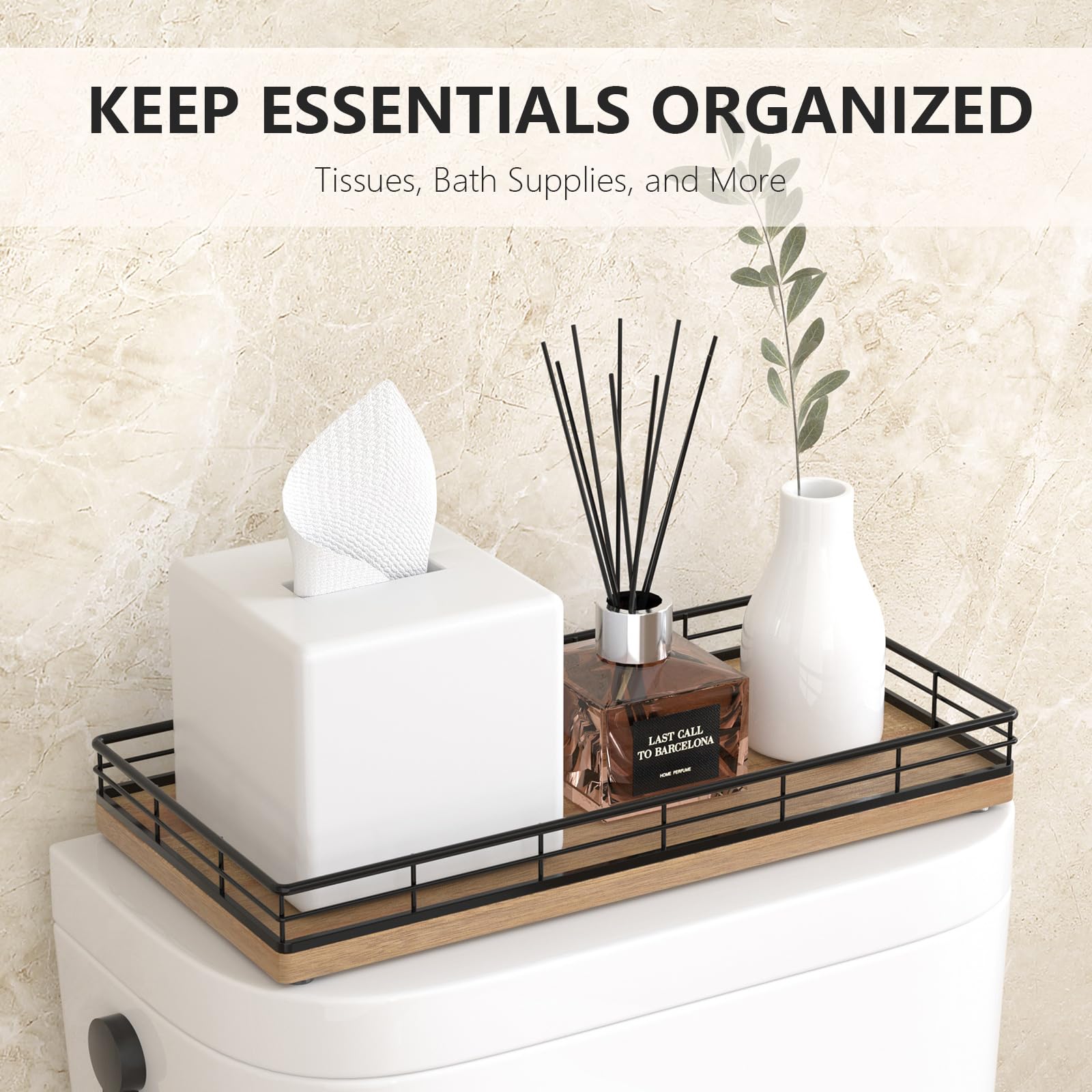 Toilet Paper Basket Organizer - Acacia Wood Toilet Tank Tray with Metal Frame, Back of Tank or Top Bathroom Counter Storage - Bl