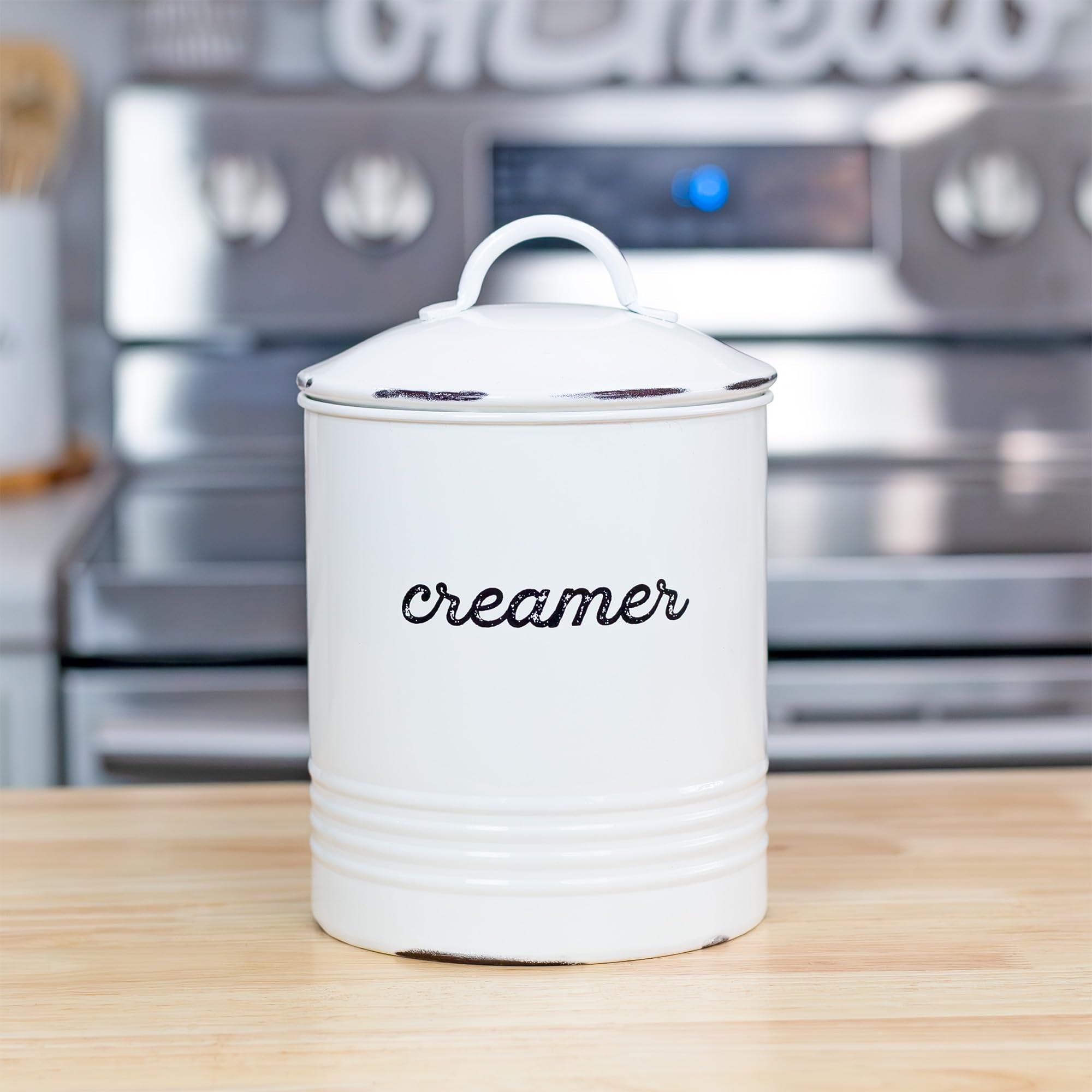 Auldhome Enamelware White Creamer Canister; Rustic Distressed Style Coffee Accessory Storage For Kitchen
