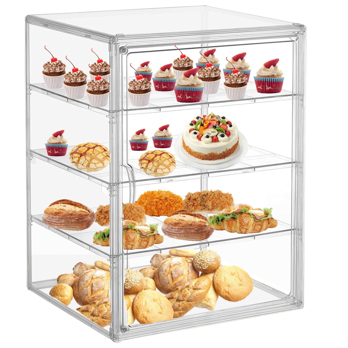 4 Tier Pastry Display Case, Large Bread Box for Kitchen Countertop with Magnetic Window Door Bakery Pastry Display Bread DOX for