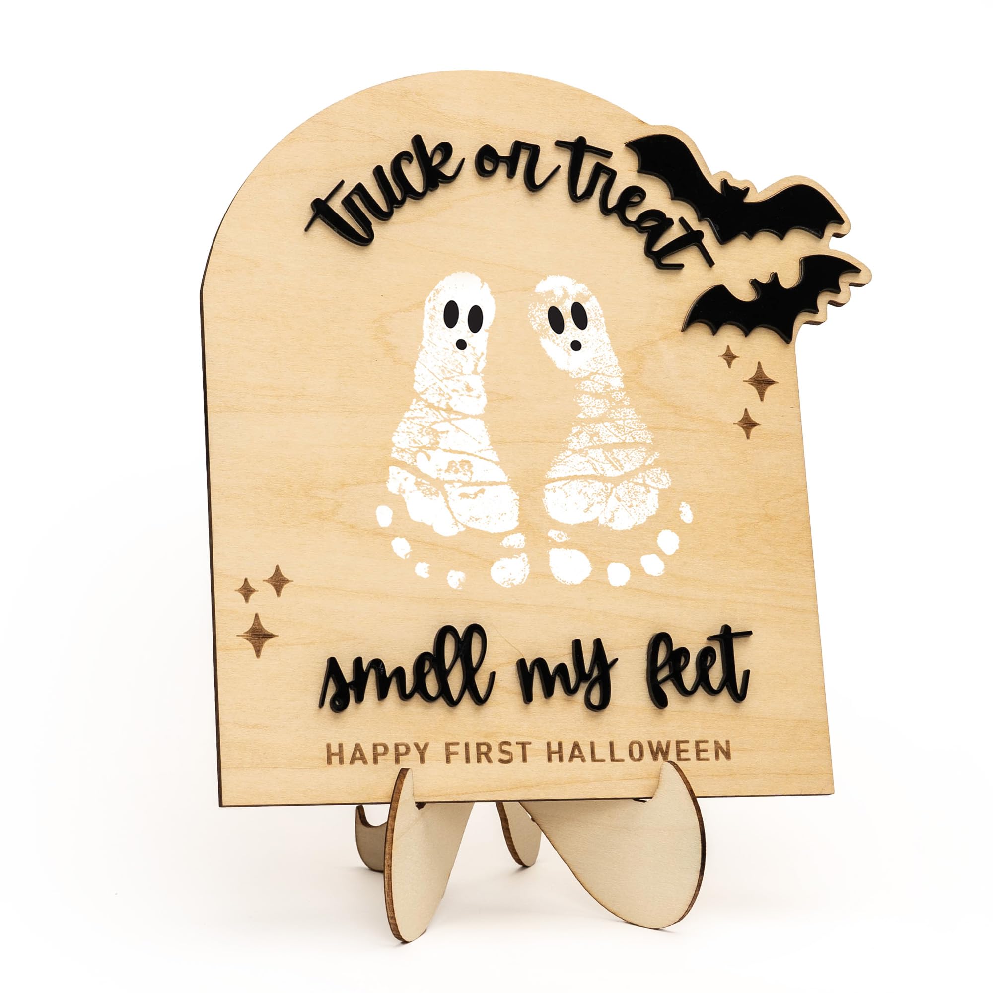 Babys First Halloween DIY Footprint Kit - Trick or Treat Wooden Milestone Card Keepsake Sign - Baby halloween Nursery Tabletop D