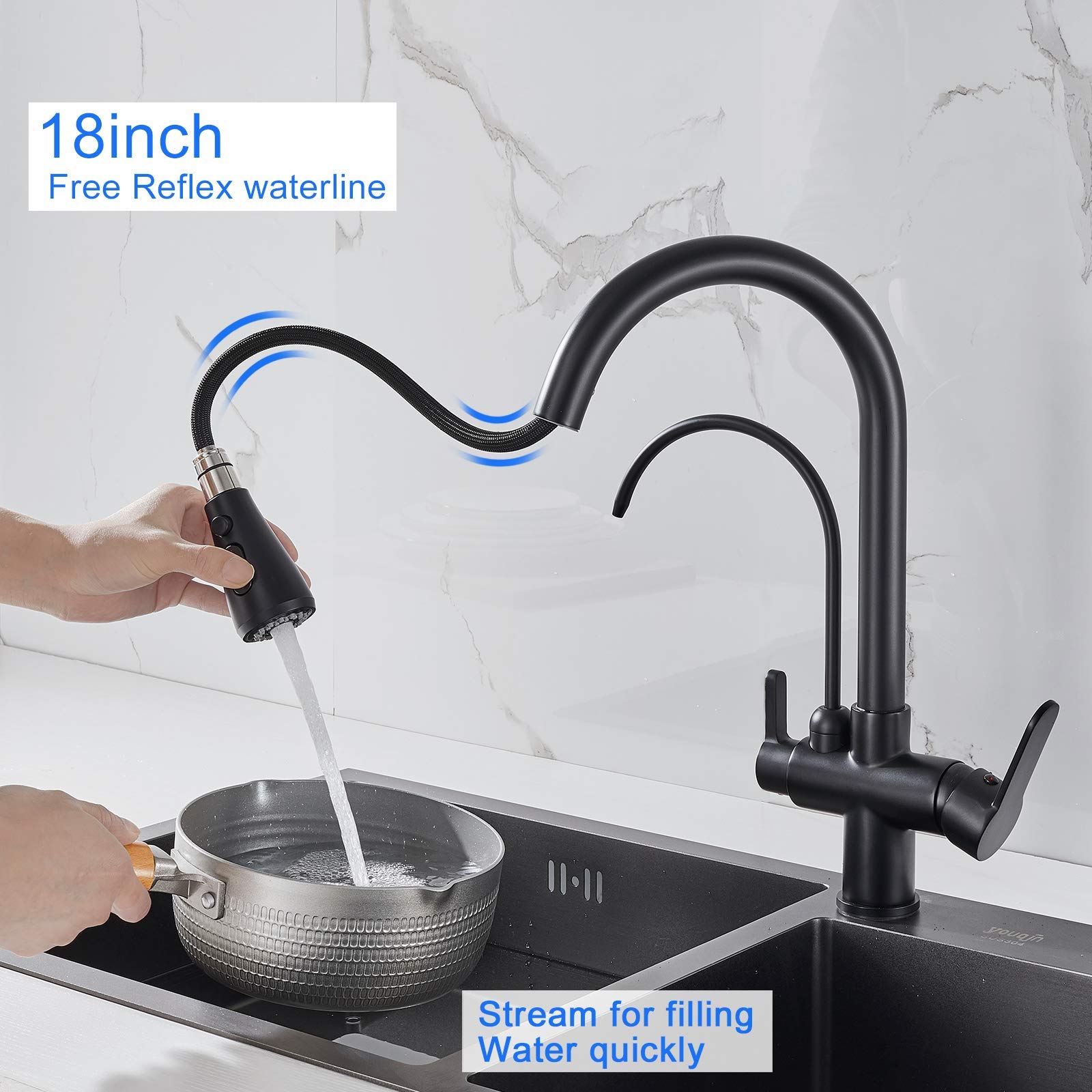 MENATT Commercial 3 in 1 Drinking Water Faucet  High Arc Water Filter Purifier Kitchen Faucets  Dual Handle Pull Out Kitchen Sink Faucet (Matte Black)