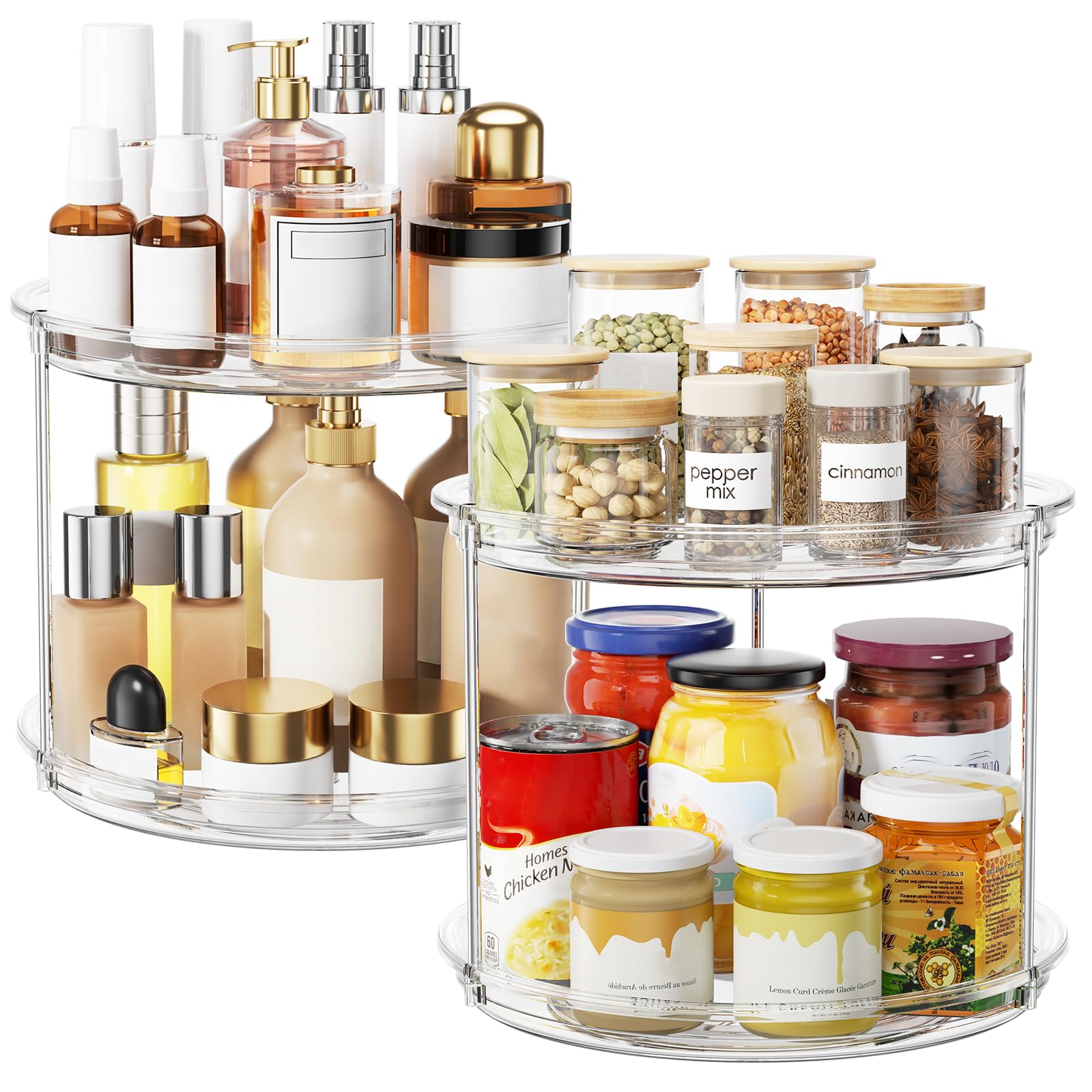 2 Pack 2 Tier Lazy Susan Organizer, 9.25 Lazy Susan Turntable for Cabinet, Stackable Turntable Organizer Rotating Spice Rack O