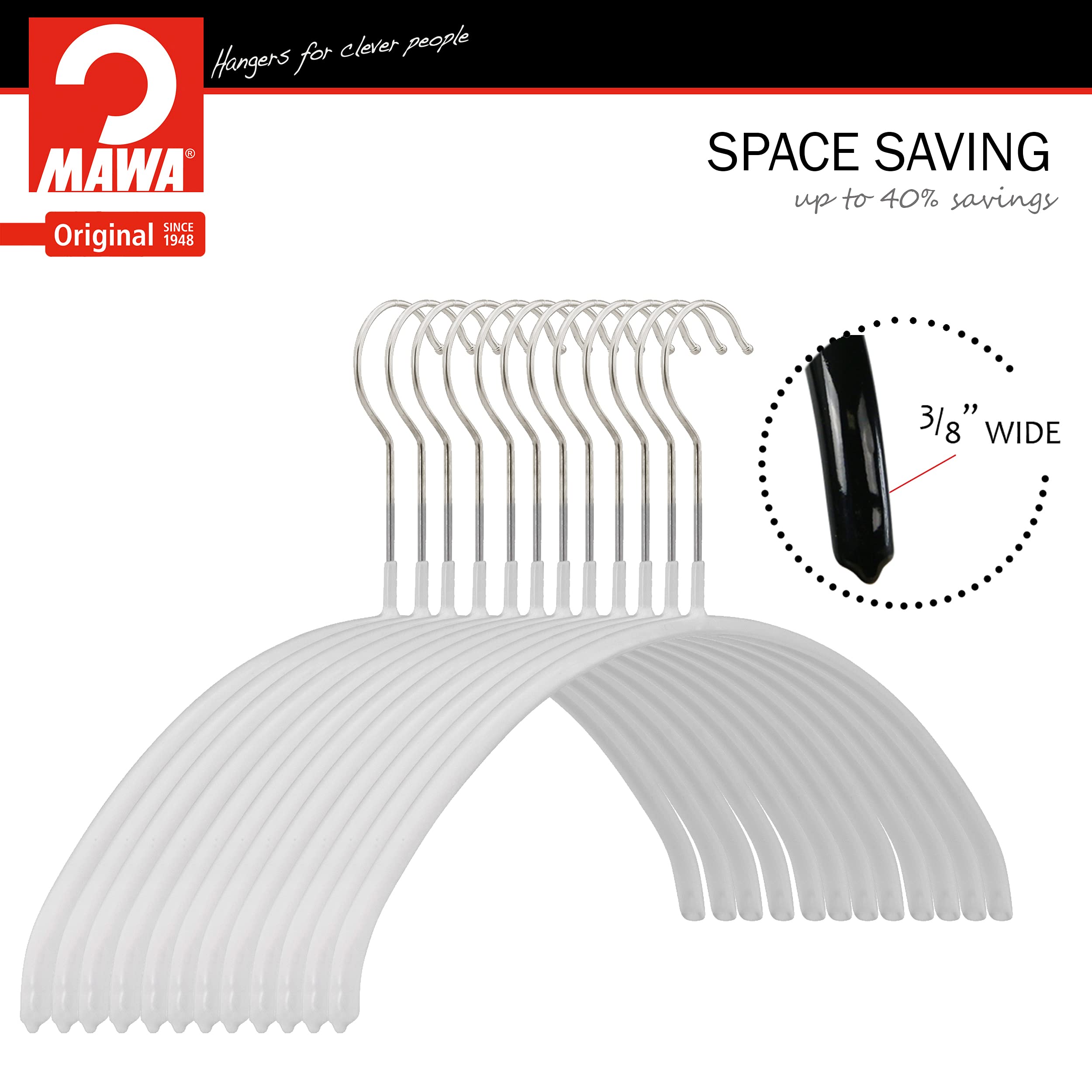 MAWA Euro Series Non-Slip Space Saving Clothes Hanger  Set of 10  White Style 40/P  Pack of 10  10 Count (14138)
