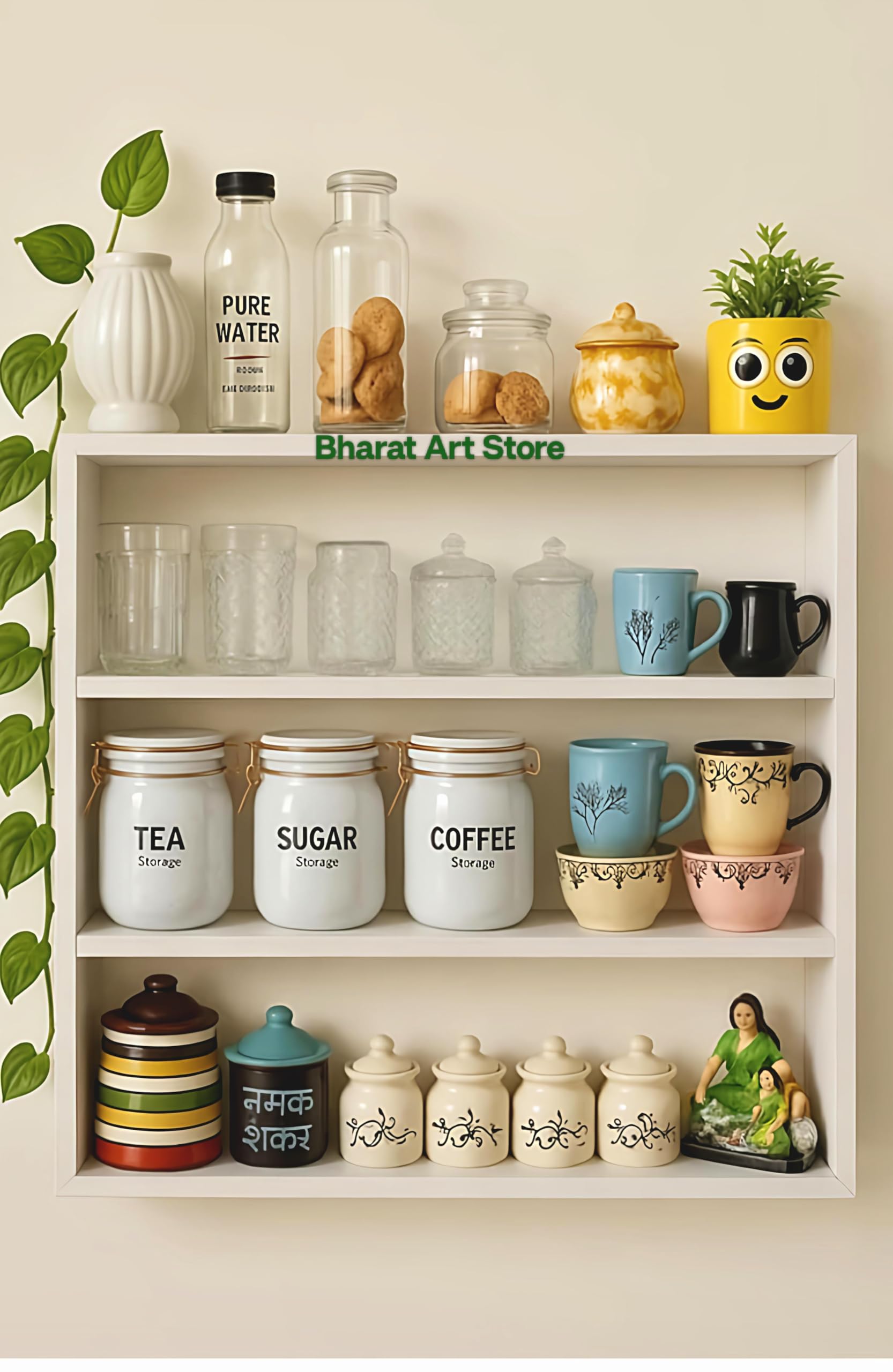 Bharat Art Store White Kitchen Storage Rack, 4Tier Open Shelving Unit, MultiPurpose Organizer For Jars And Containers, WallMo