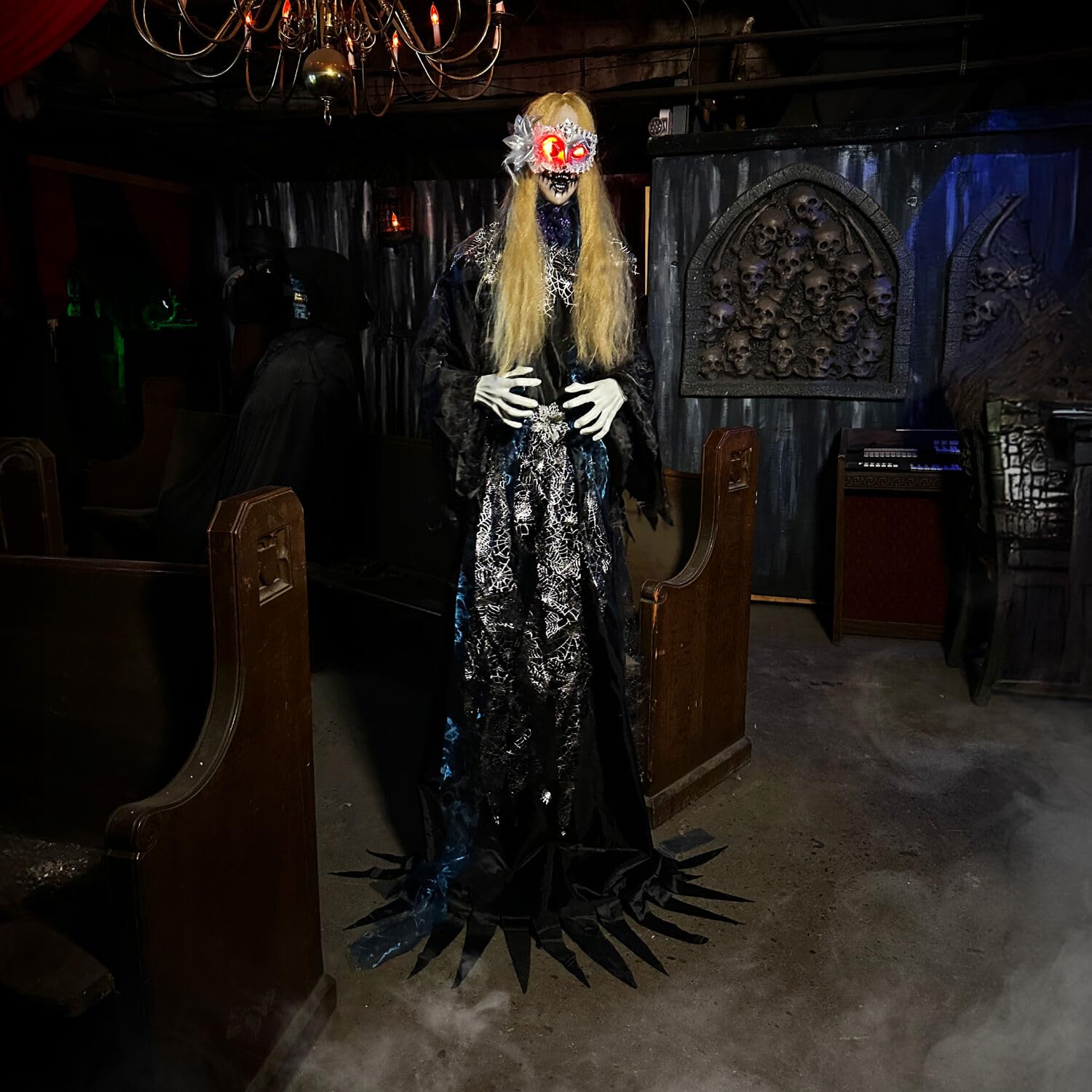 Haunted Hill Farm 5.5-Ft Animatronic Animated Standing Masquerade Lady, Halloween Animatronic, Spooky Venetian Masquerade Prop,