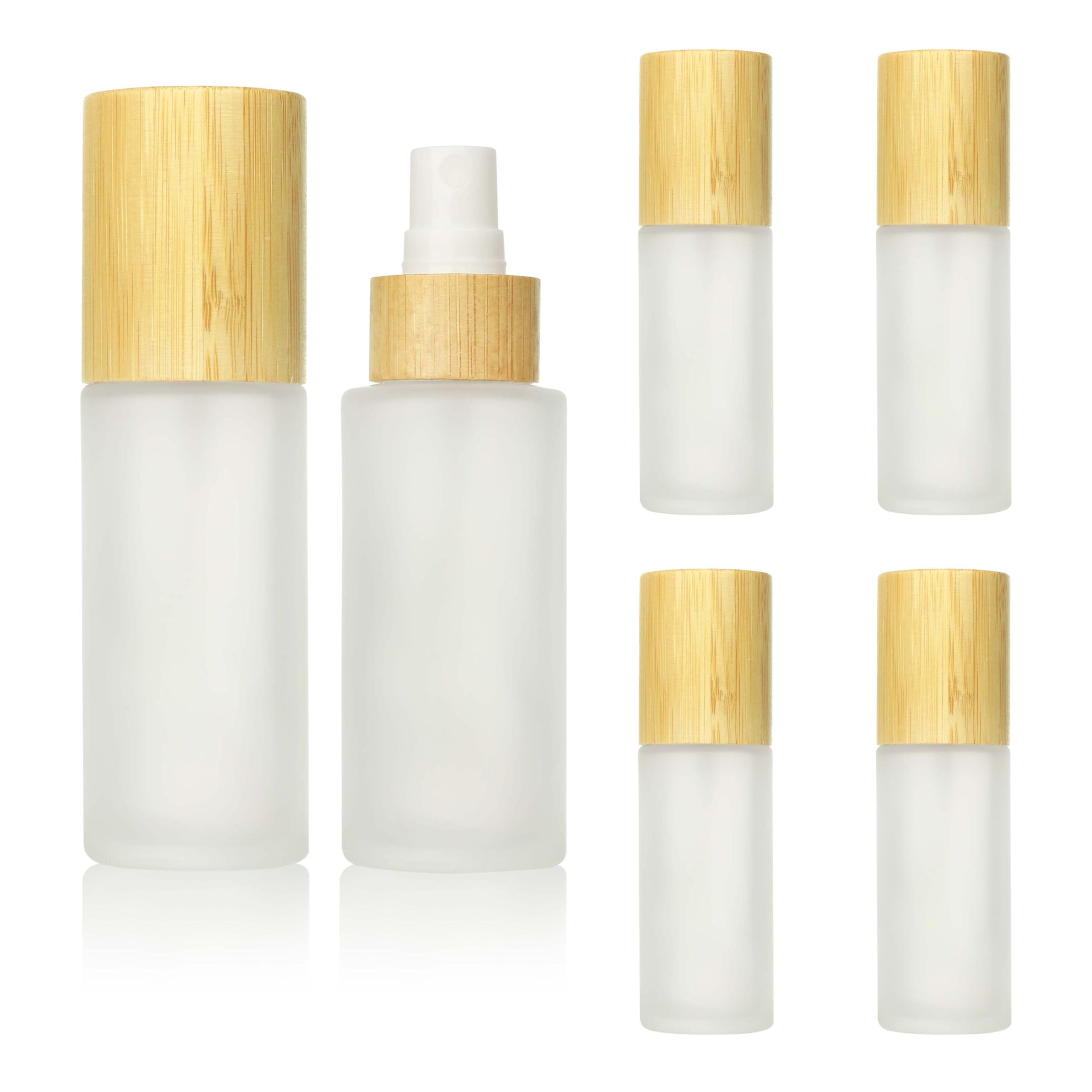 Cosidea 6 Pcs Empty 1.67Oz /50Ml Bamboo Lid Frosted Glass Fine Mist Spray Bottle Liquid Perfume Toiletries Containers, Travel To