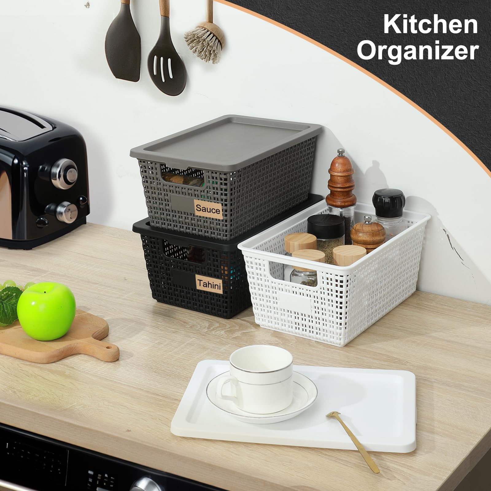 Plastic Storage Baskets with Lids - Stackable Storage Bins with Lids for Pantry, Closet, Bedroom & Shelves | Durable Organizatio