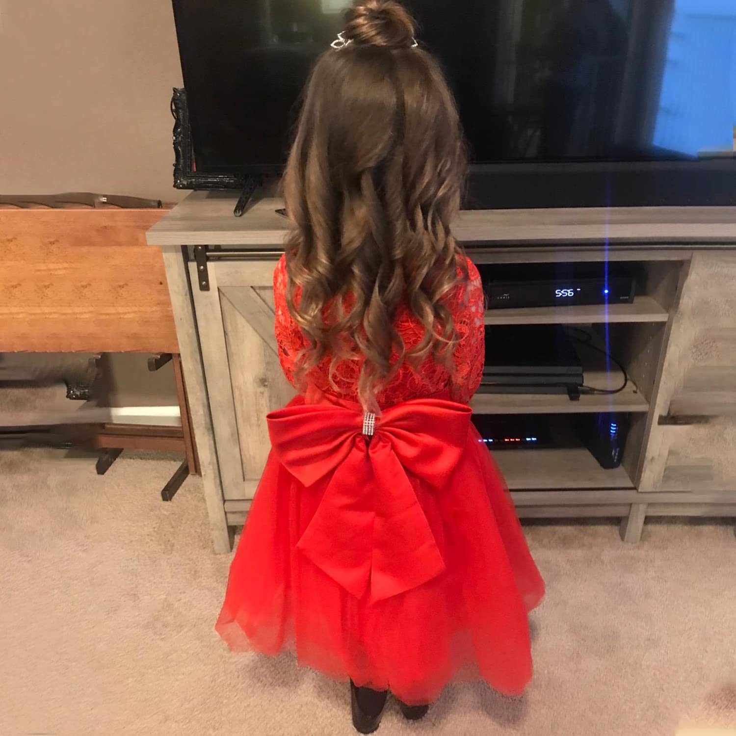 Flower Girl Dress Long Sleeves Lace Top Tulle Skirt Girls Lace Party Dresses (Size 4,Red)