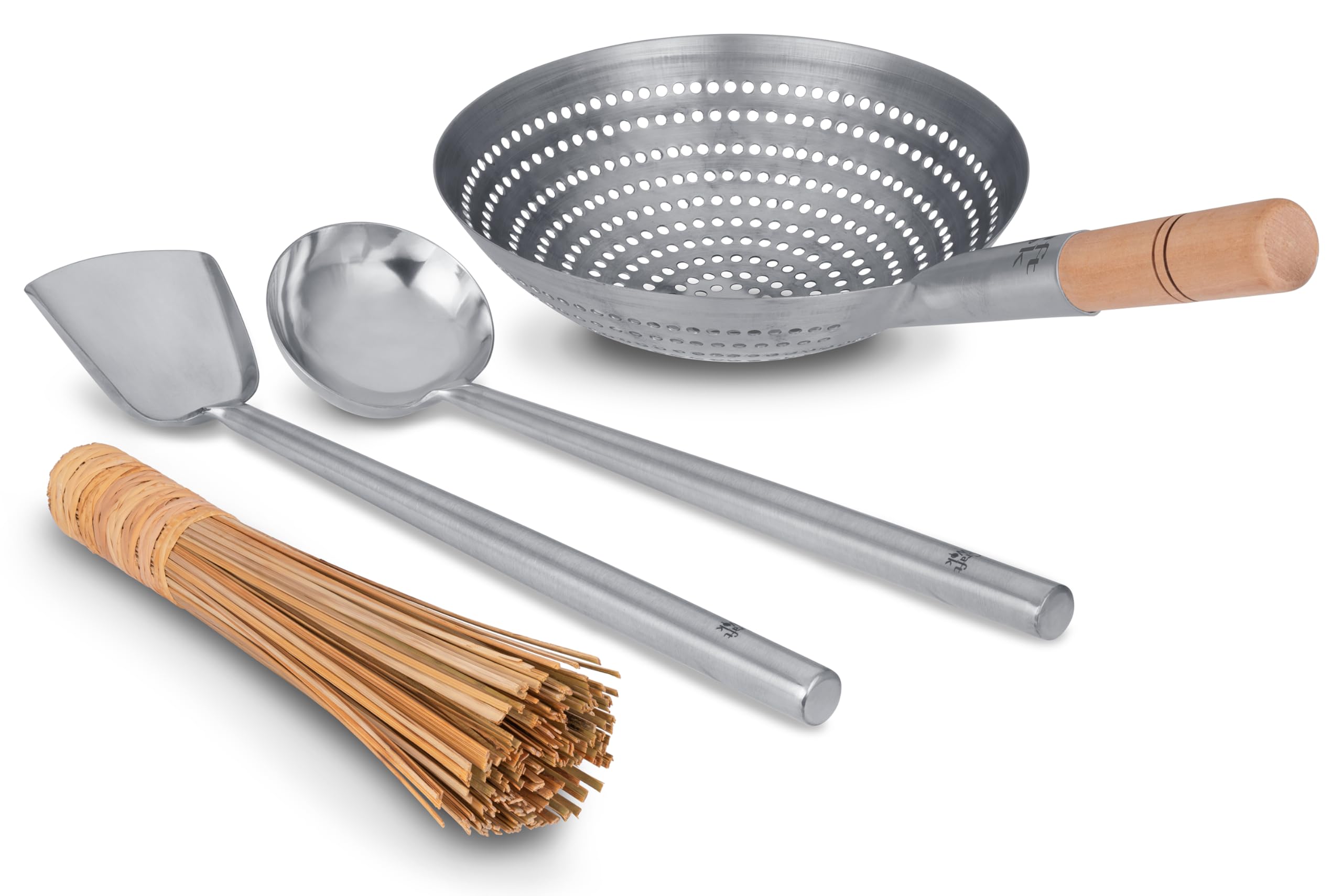 Craft Wok s/s Tools 4 pcs Set: Ladle, Spatula, Strainer, Bamboo Brush/Utensils Traditional Asian Cookware / 732W324