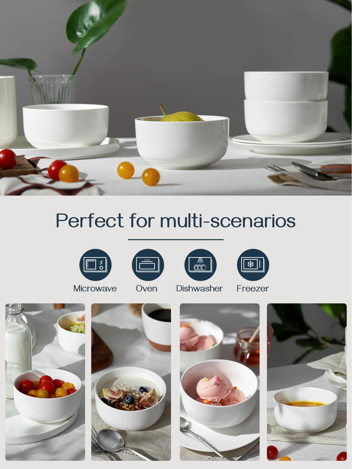 DOWAN 22 OZ White Bowls Set of 6 - Ceramic Small Bowls for Cereal  Soup  Dessert  Oatmeal  Rice  Pasta  Chips  Fruit - Dishwasher & Microwave Safe