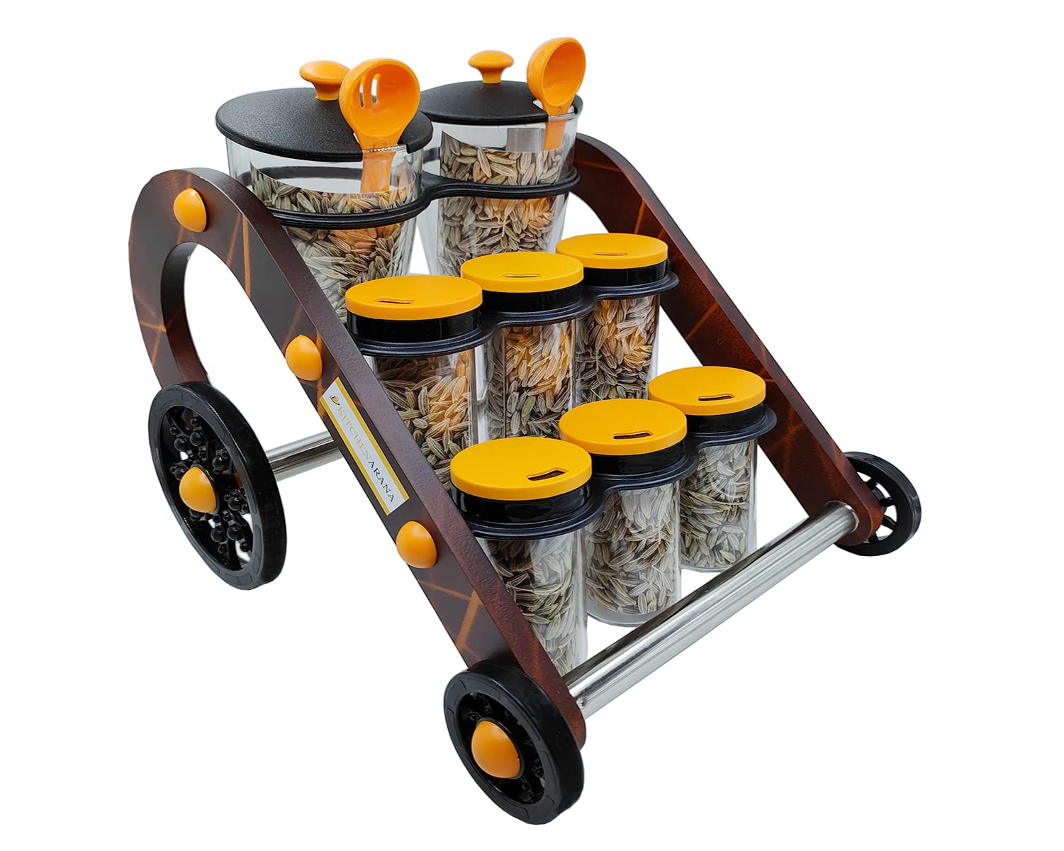 Barasti Multipurpose Wooden Spice Rack With 8 Jars 8 Spice Containers And 2 Spoon Kitchen Masala Pickle Box Set Organizer For He