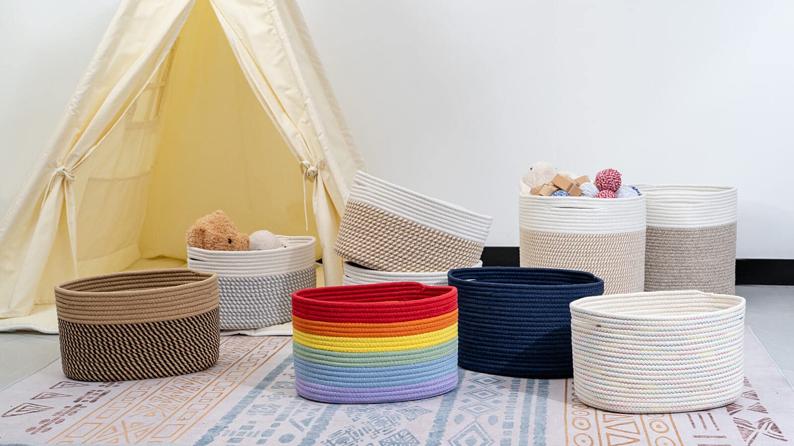 CubesLand Woven Basket for Organizing/Shelves  Cube Shelf Closet Storage Baskets Bins Set 3  Long-Lasting &Skin-Friendly Storage Basket Bin  Stylish Room Basket  Rainbow Stitches Cotton Rope Basket