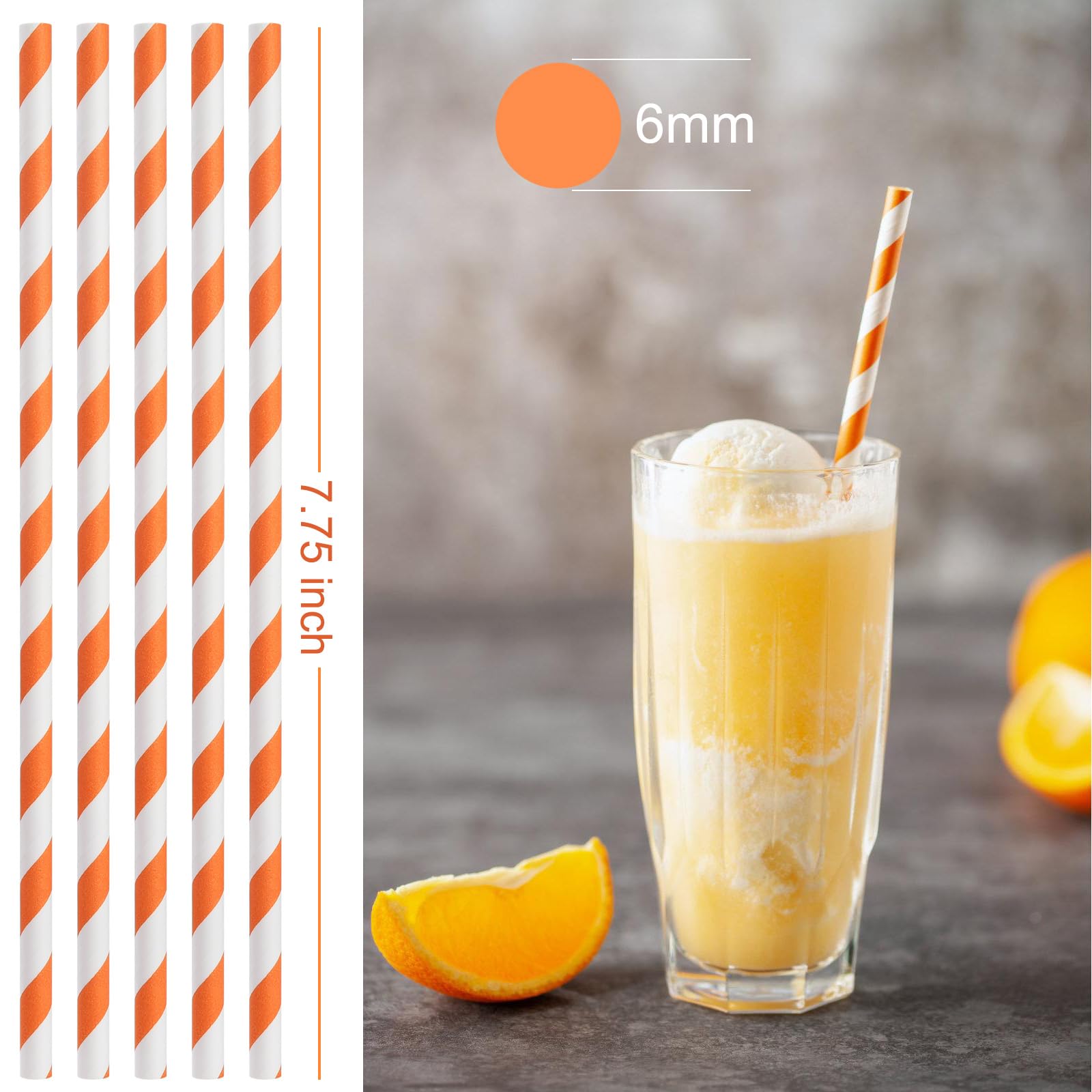 Alink 100 Orange And White Striped Paper Straws, Biodegradable Disposable Drinking Straws For Halloween, Bridal Shower, Brithday