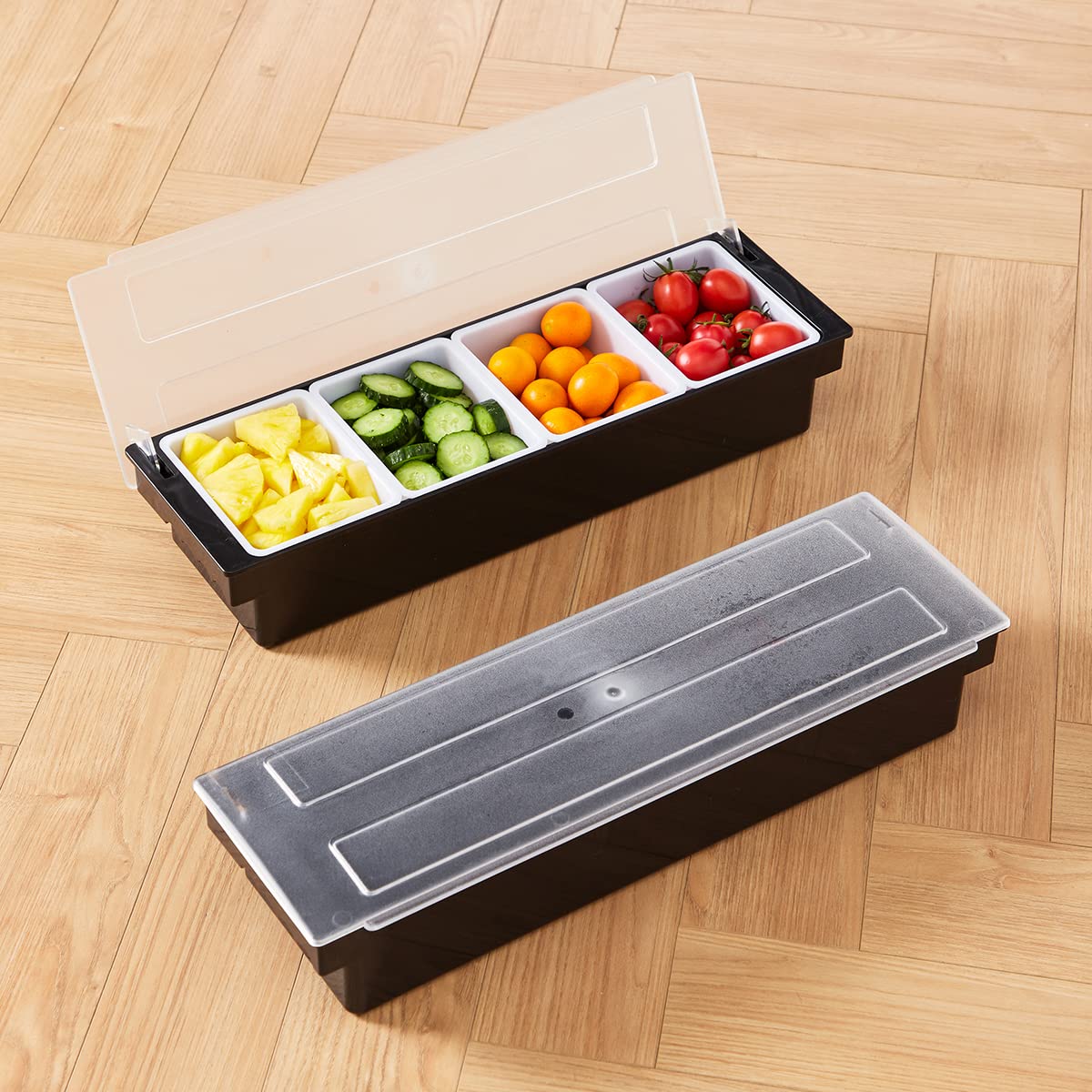 Mukeen Ice Cooled Condiment Serving Container-4 Compartment Chilled Garnish Tray Bar Caddy With Hinged Lid (4 Compartments)