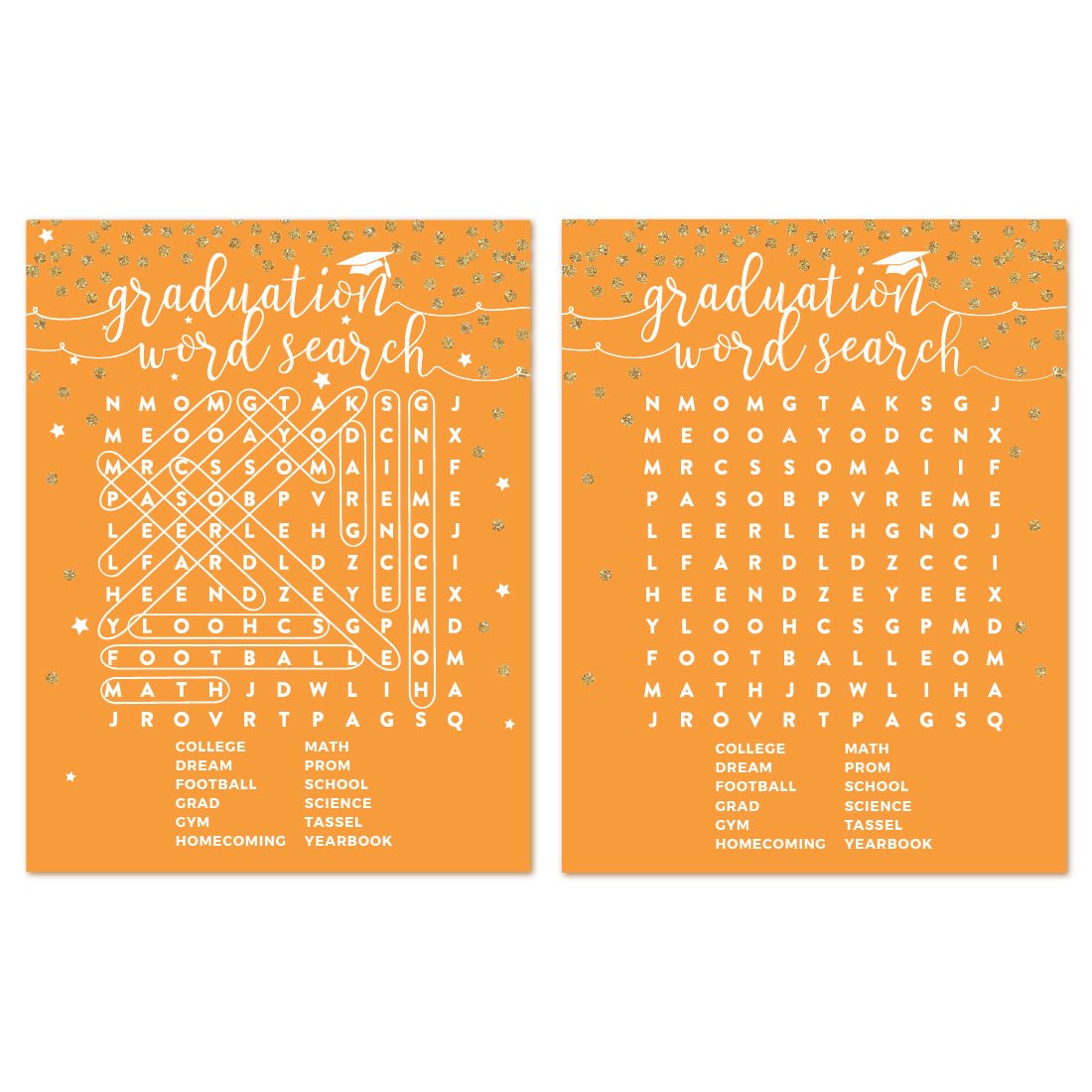 Andaz Press Orange And Gold Glittering Graduation Party Collection, Word Search Graduation Game Cards, 20-Pack