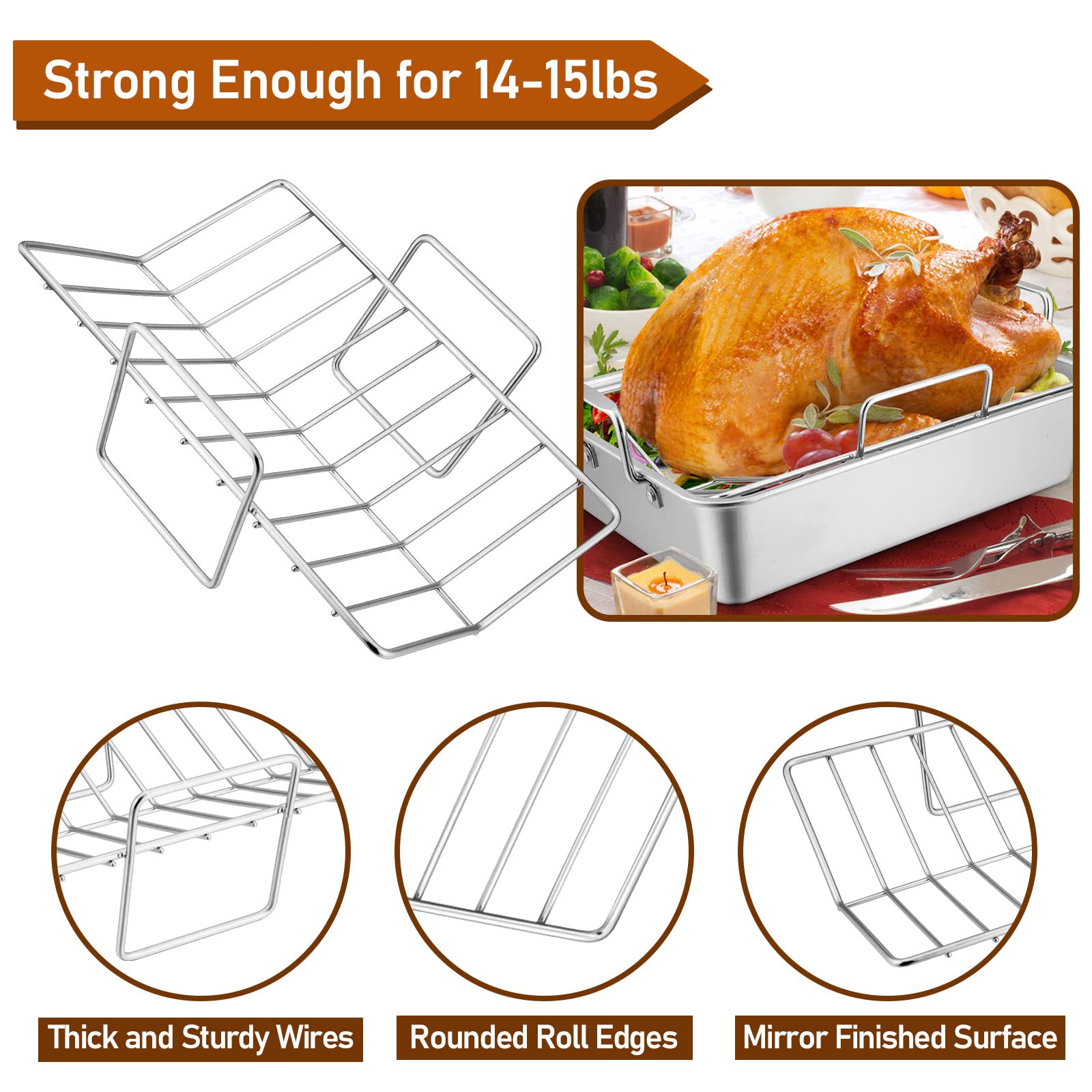 Joyfair 14-Inch Roasting Pan With Rack, Stainless Steel Turkey Roaster Baking Pan & V-Shaped Rack For Chicken Meat Vegetable, Re