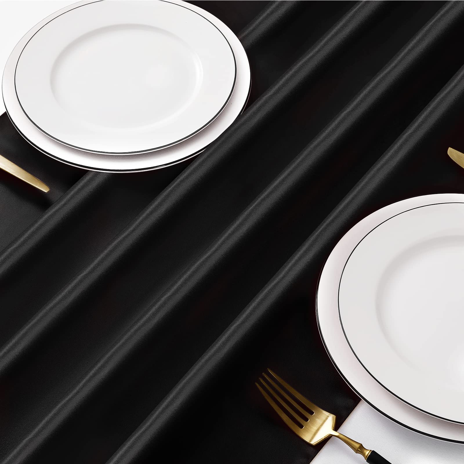 Manyshofu 4Pcs Satin Black Table Runner - 12 x 108 Inch Long Size  Party Table Runner Decor Bright & Smooth Wedding Decorations Table Runner for Banquet Chef Birthday Buffet Dinner Graduations