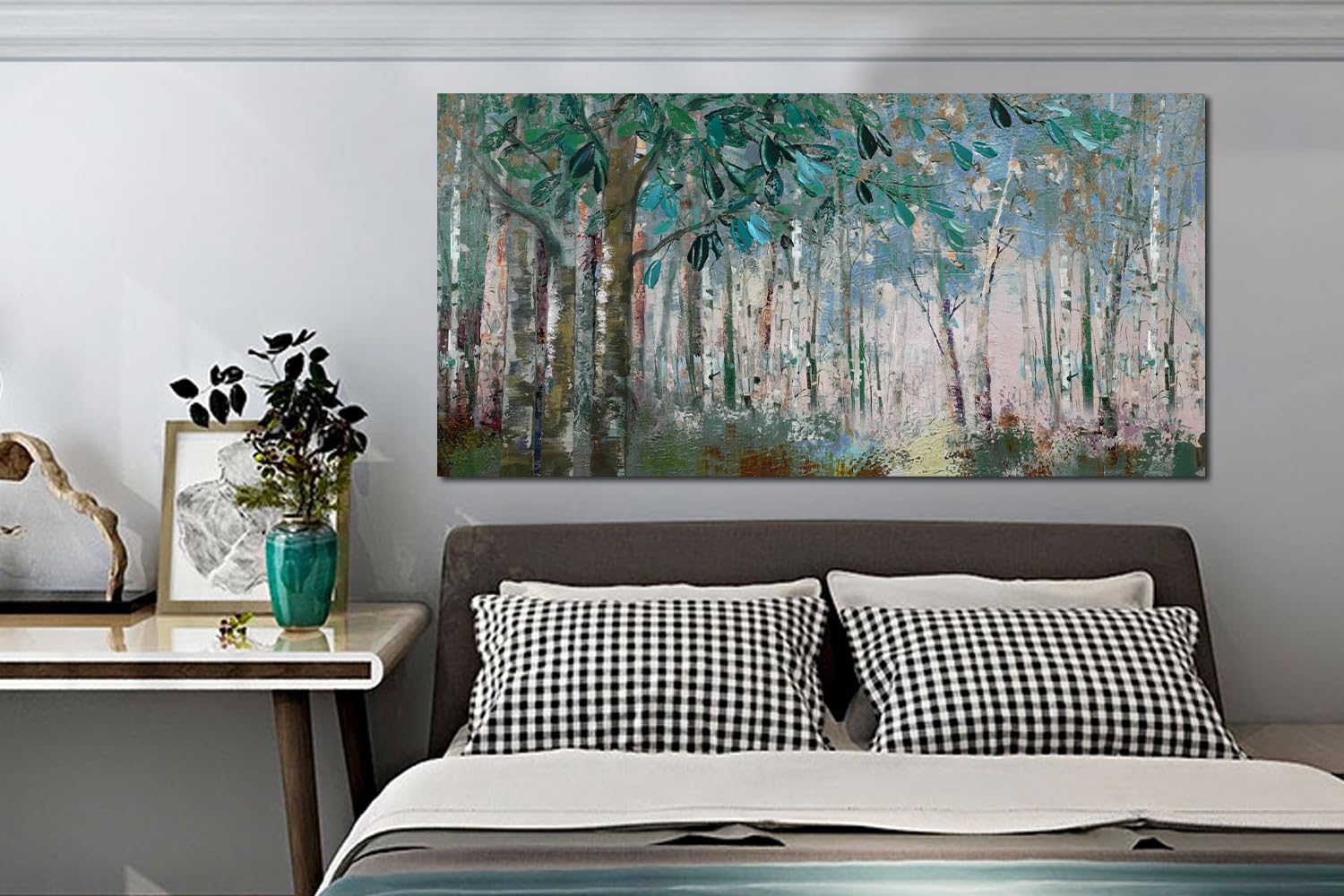 Ardemy Green Tree Canvas Wall Art Forest Landscape Picture Modern Birch Trees Nature Painting, Abstract Artwork 40''X20'' Framed