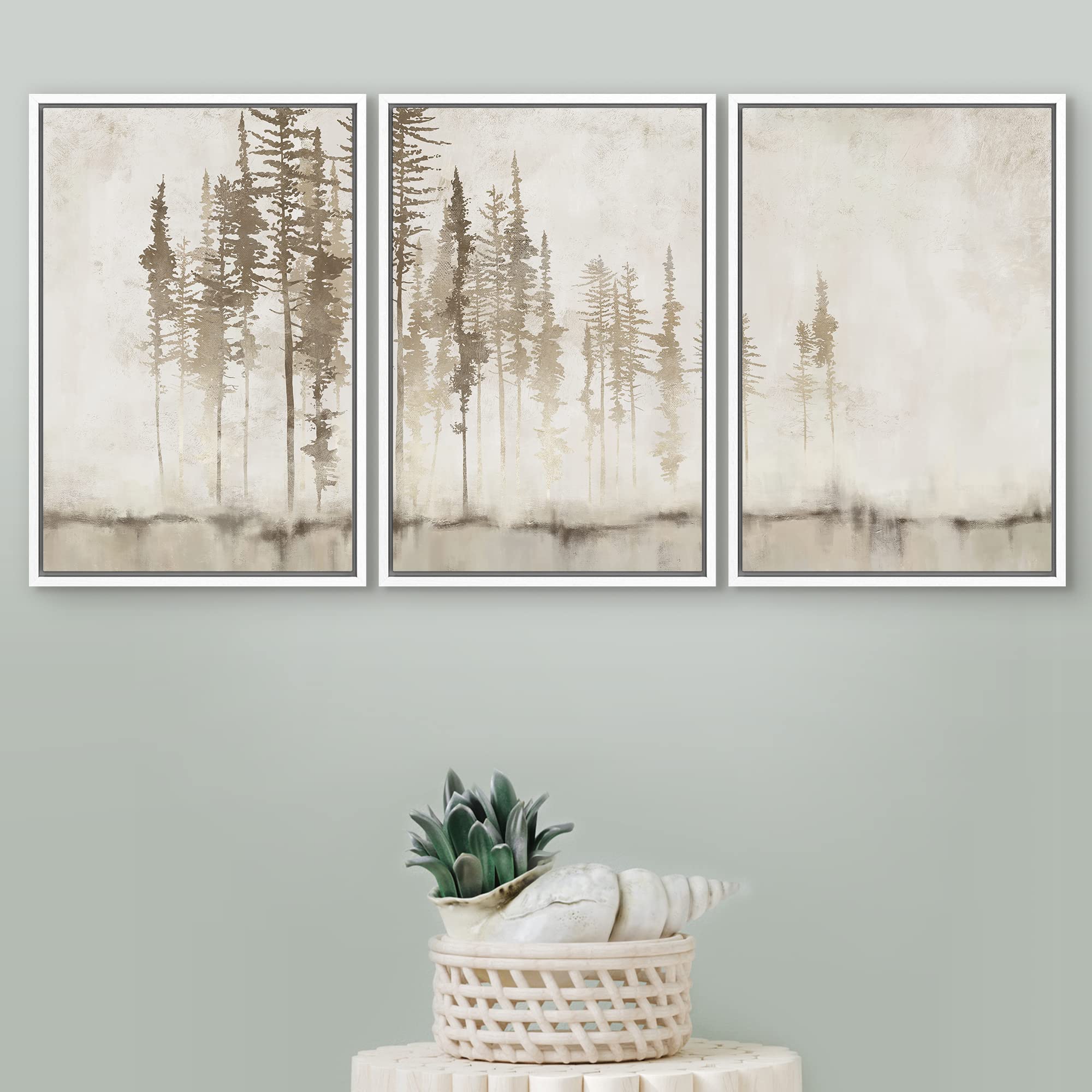 Signford Framed Canvas Print Wall Art Set Pastel Grunge Forest Tree Landscape Abstract Shapes Illustration Modern Art Decorative