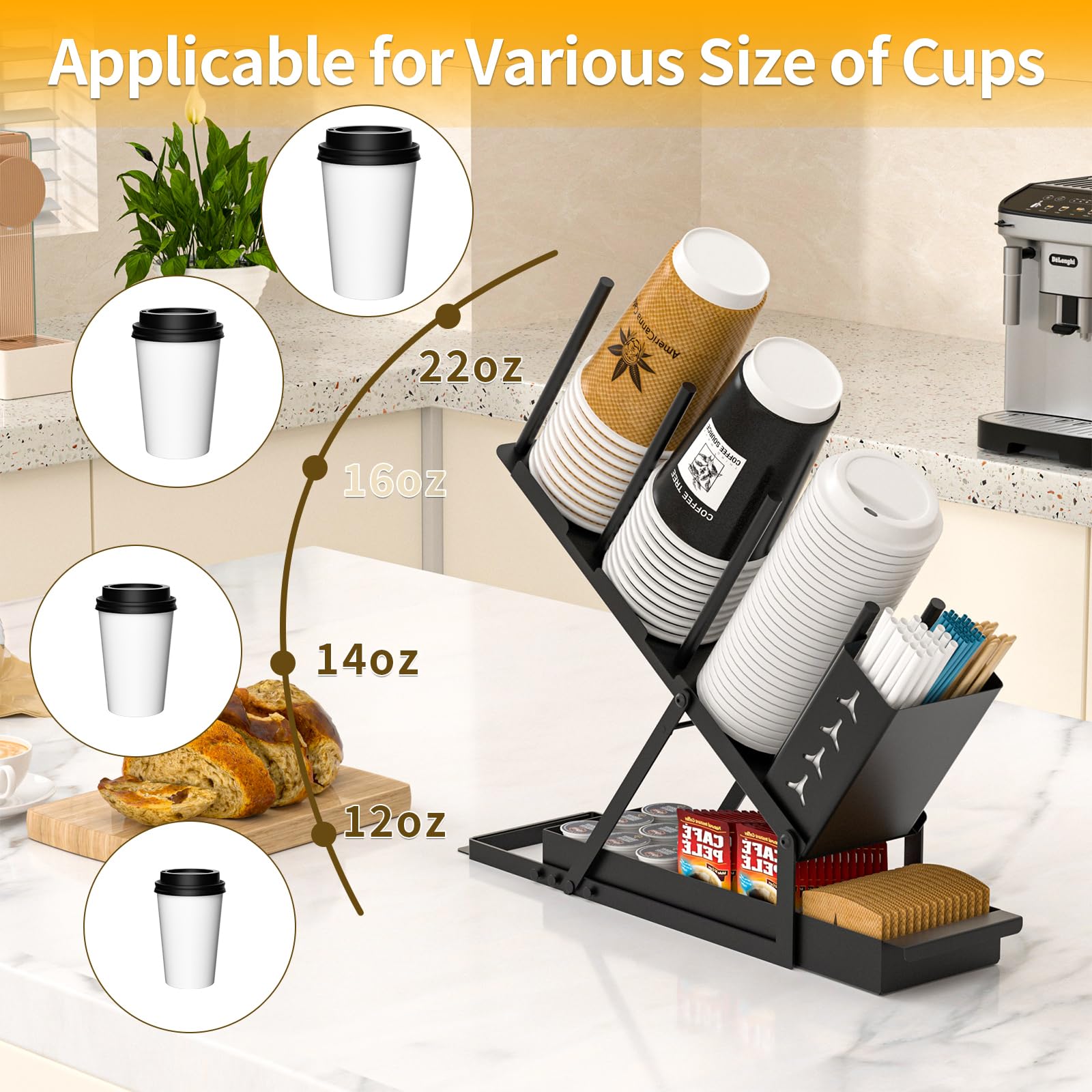 Zddloinp Cup And Lid Holder With Straw Organizer Coffee Station Organizer, Cup Dispenser 3 Compartment Coffee Cup Holder For Cof
