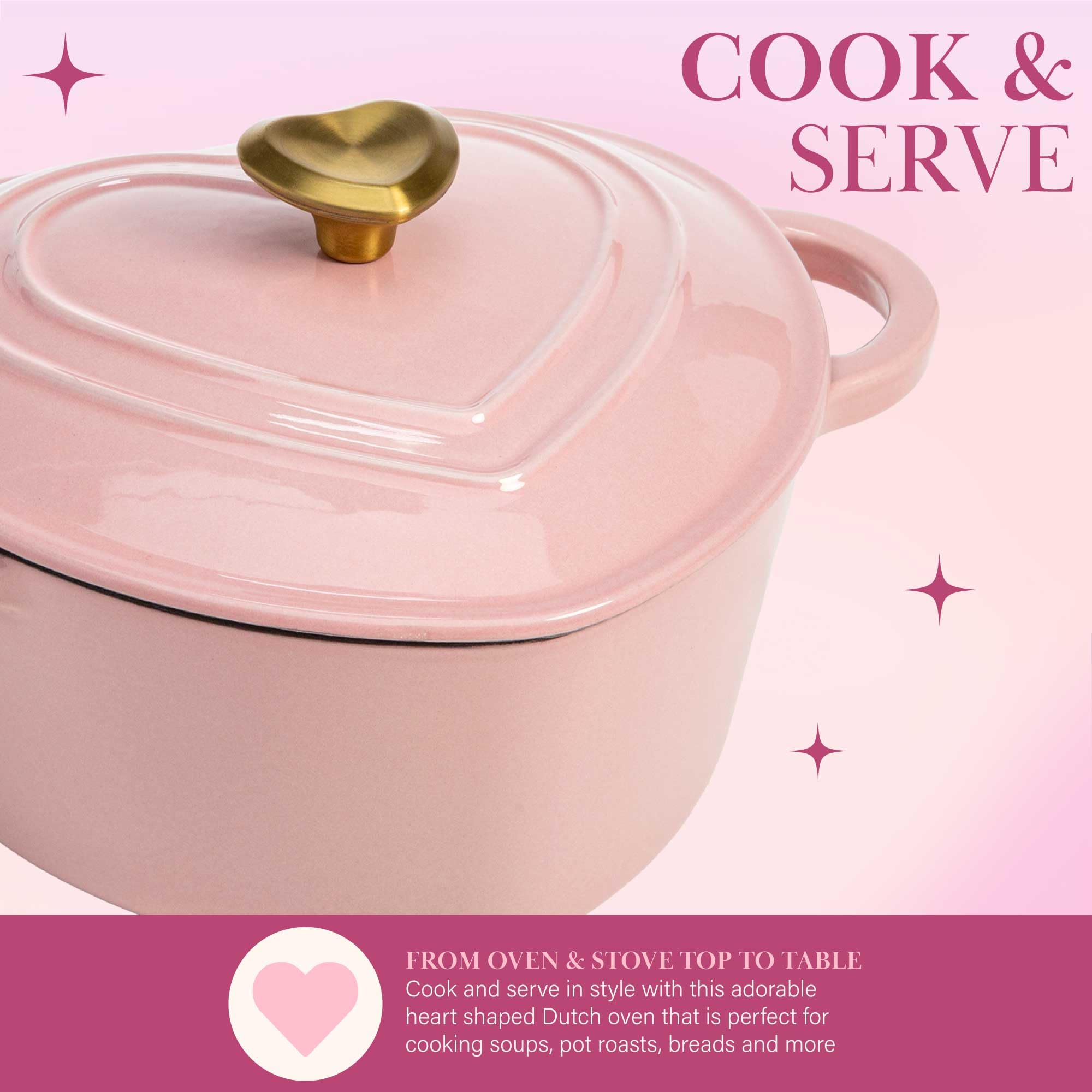 Paris Hilton Enameled Cast Iron Dutch Oven, 2-Quart, Pink, Heart-Shaped, Oven Safe to 500°F, Works on All Stovetops