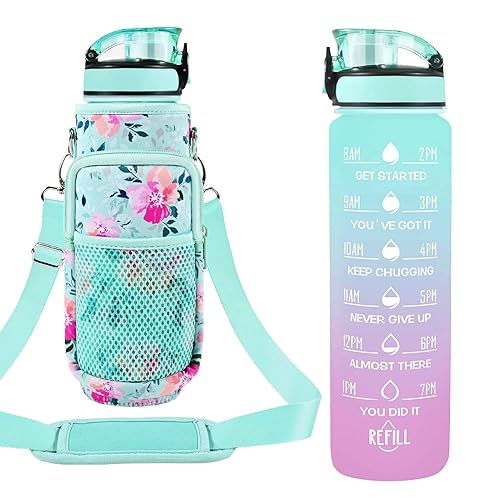 Newfad 32 oz Water Bottles with Straw & Strap  Motivational with Times to Drink  BPA Free Reusable Sports Water Bottle with Sleeve for Hiking  Travel  Running or Fitness (Spring Bouquet)