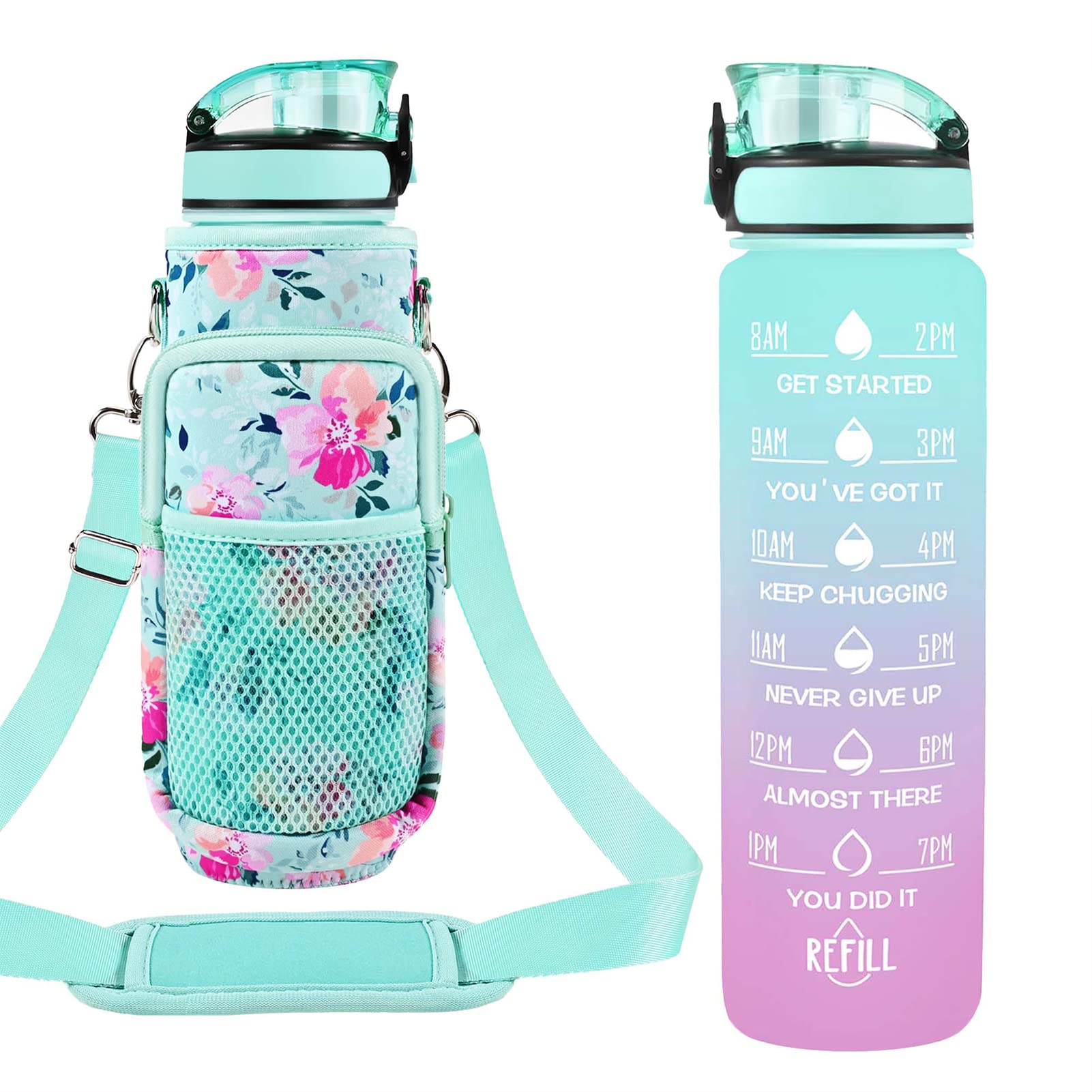 Newfad 32 Oz Water Bottles With Straw & Strap, Motivational With Times To Drink, Bpa Free Reusable Sports Water Bottle With Slee