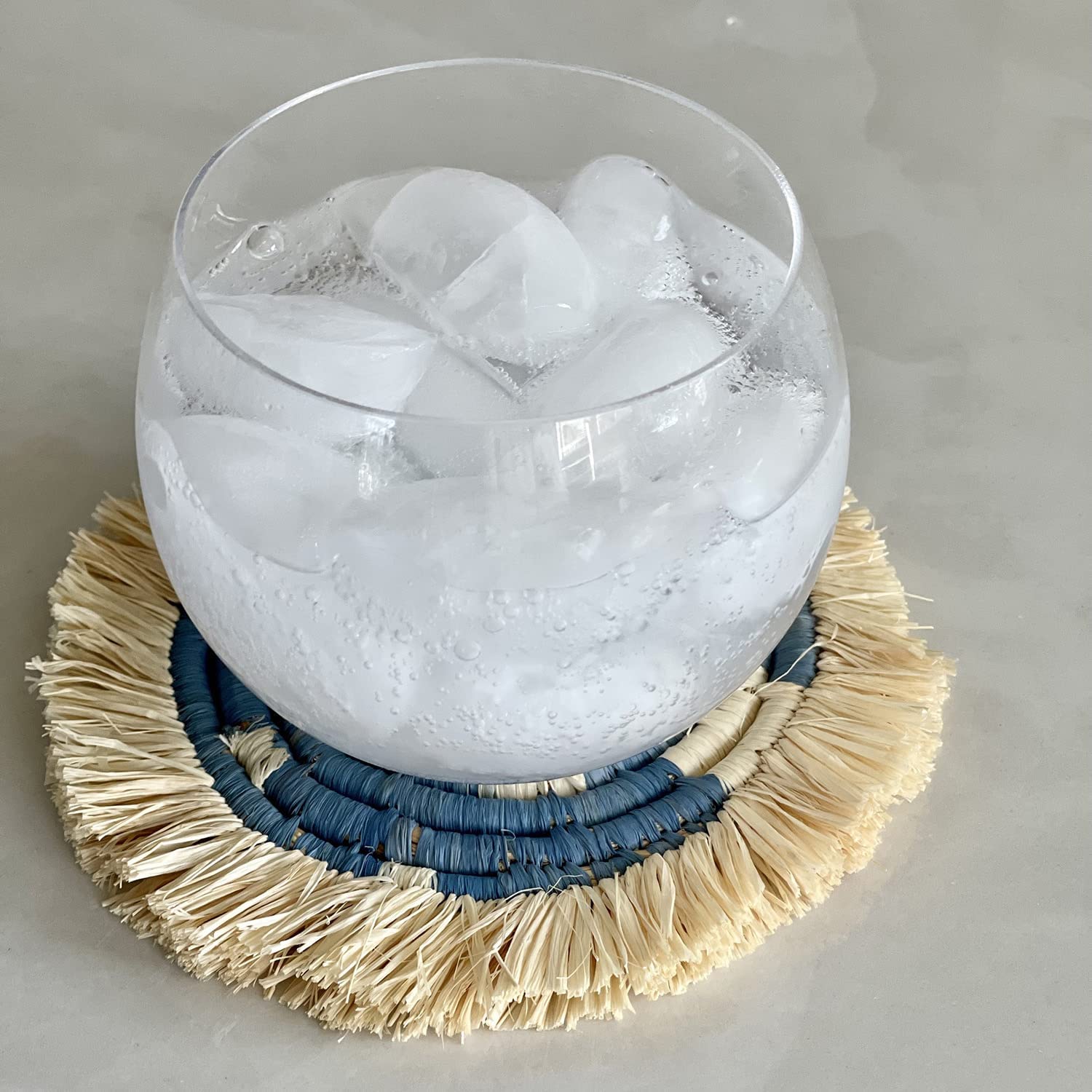 Kazi Coasters For Hot & Cold Drinks - Artisan-Made W/Raffia, Eco-Friendly, Housewarming Gift (Set Of 4, Blue)